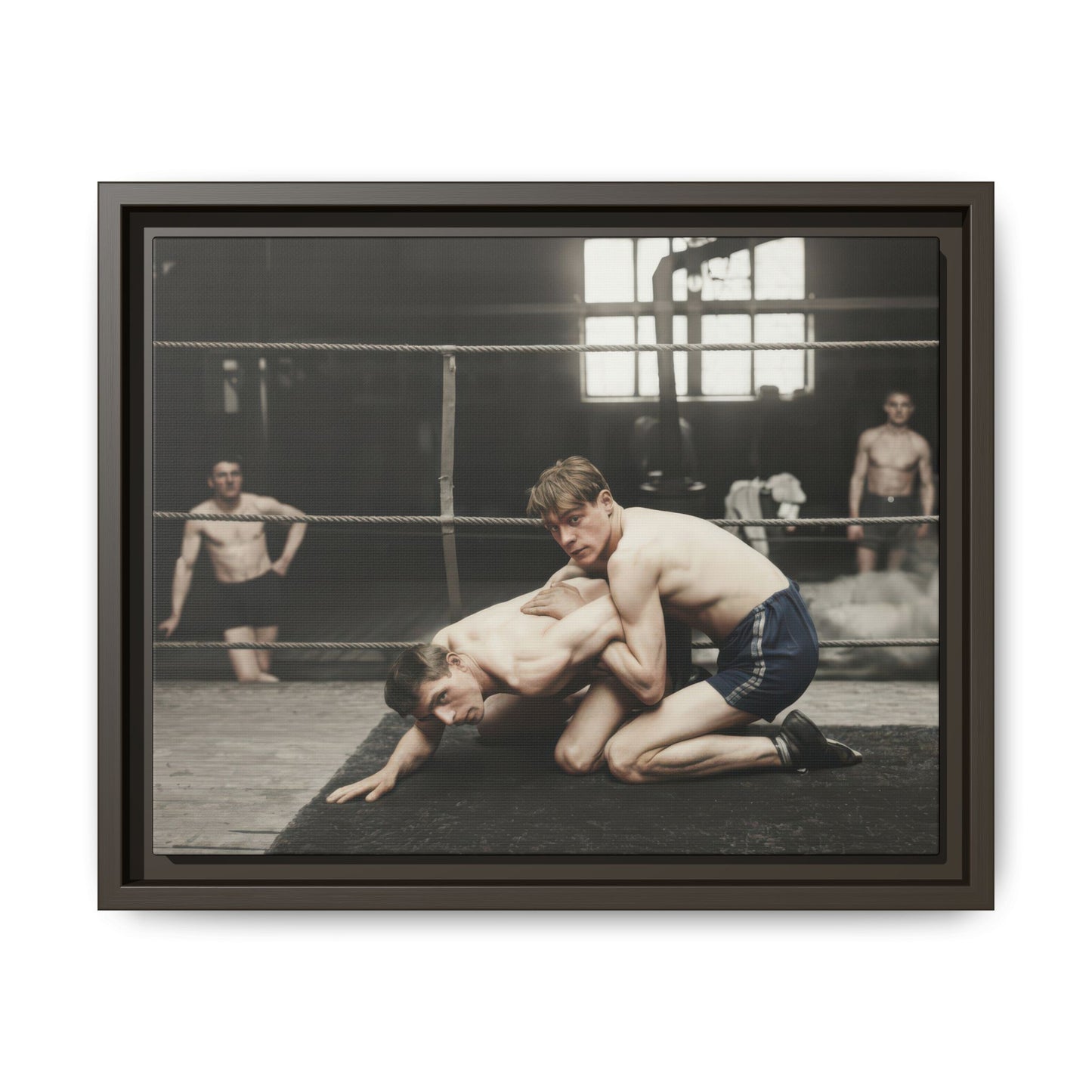 Historical athletic photograph reproduced as archival canvas wall art with wrestlers on mat 