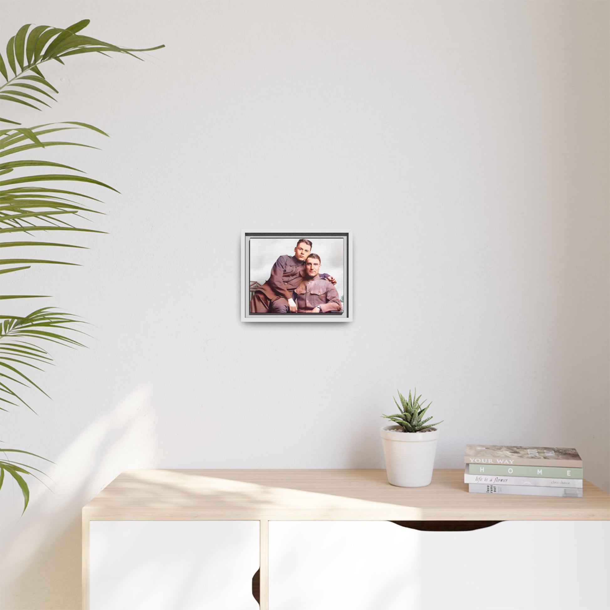 A restored WWII-era portrait of Charlie & Gordon at Debach Airfield, UK. This framed matte canvas captures military camaraderie, resilience, and historical connection, making it a timeless tribute for vintage and aviation collectors. Gay Couple