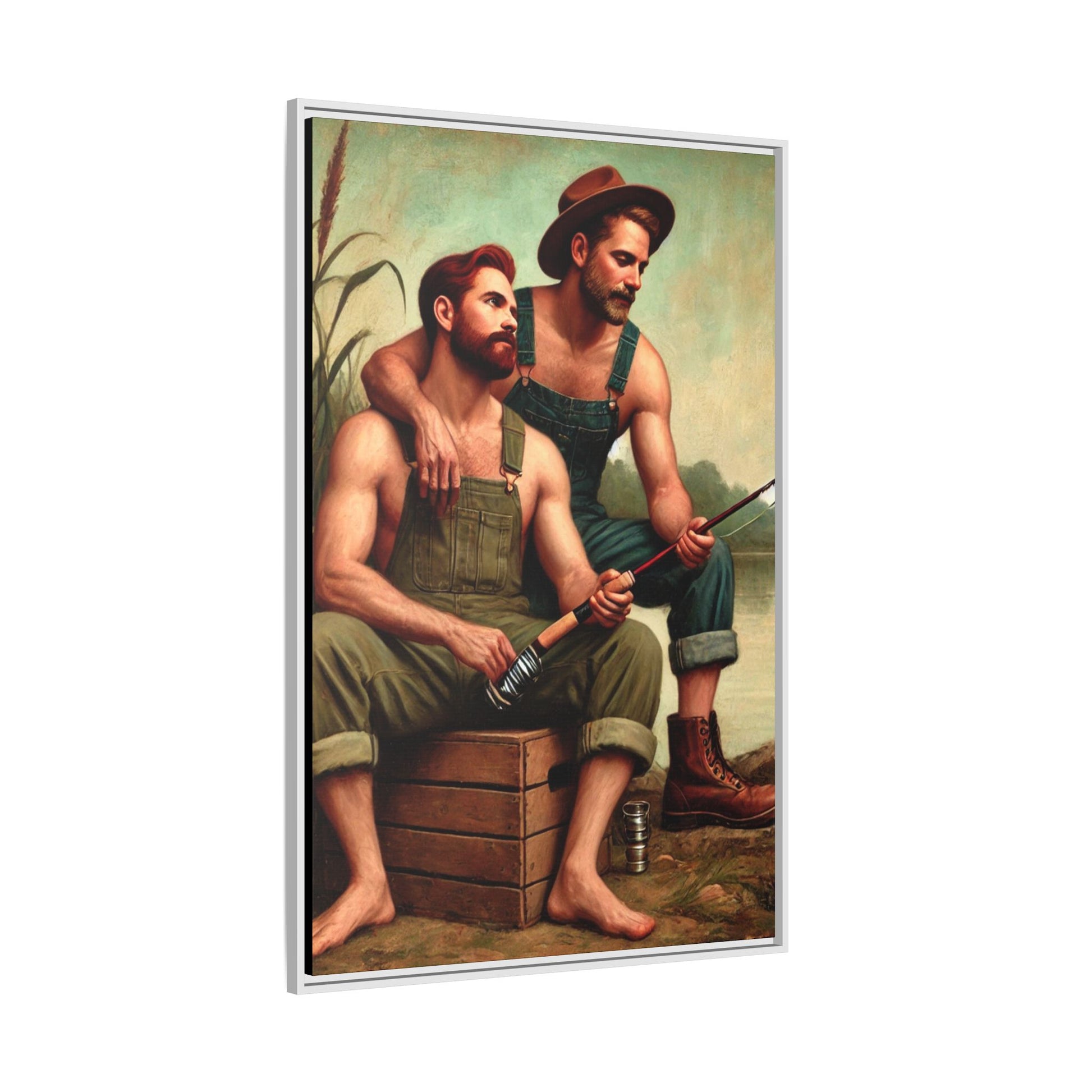 Vintage-style artwork of a gay couple fishing by a tranquil lake in the 1930s, celebrating love and nature.