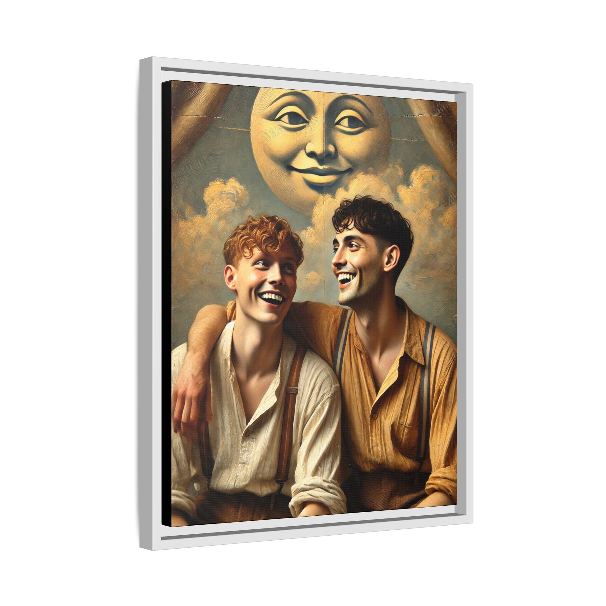 Queer artwork of two joyful young men dressed in vintage clothing with rolled sleeves and suspenders, laughing under a large moon prop in a dreamy studio scene. A celebration of love and resilience reclaimed from forgotten queer histories.