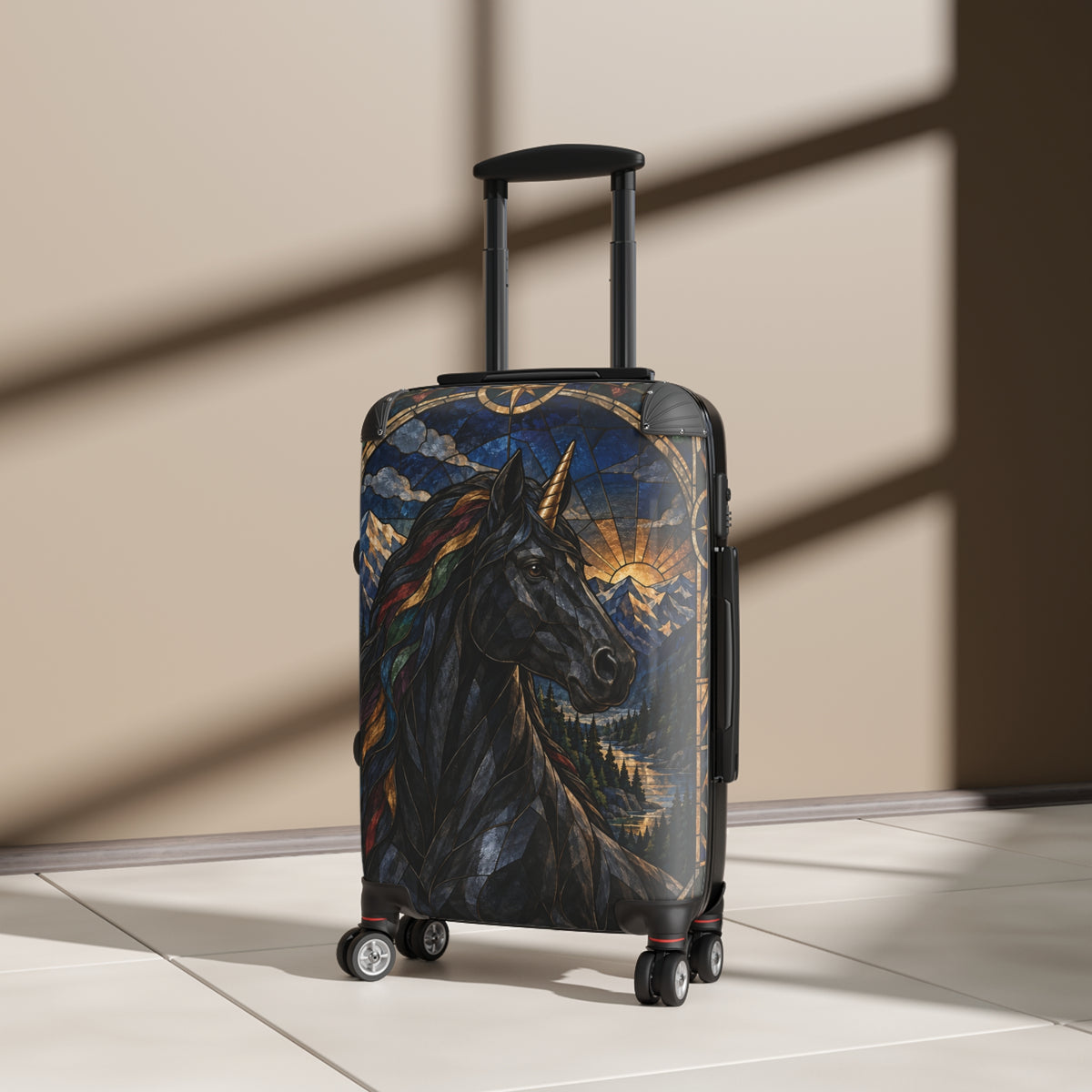 Guardian of the Rainbow Vale | Black Unicorn Stained-Glass Carry-On Suitcase