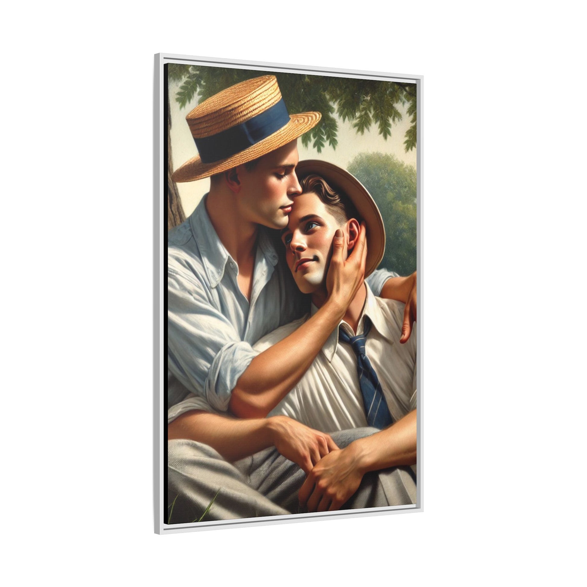 Vintage-style artwork of a gay couple in a sunlit meadow, sharing an affectionate moment in the 1930s