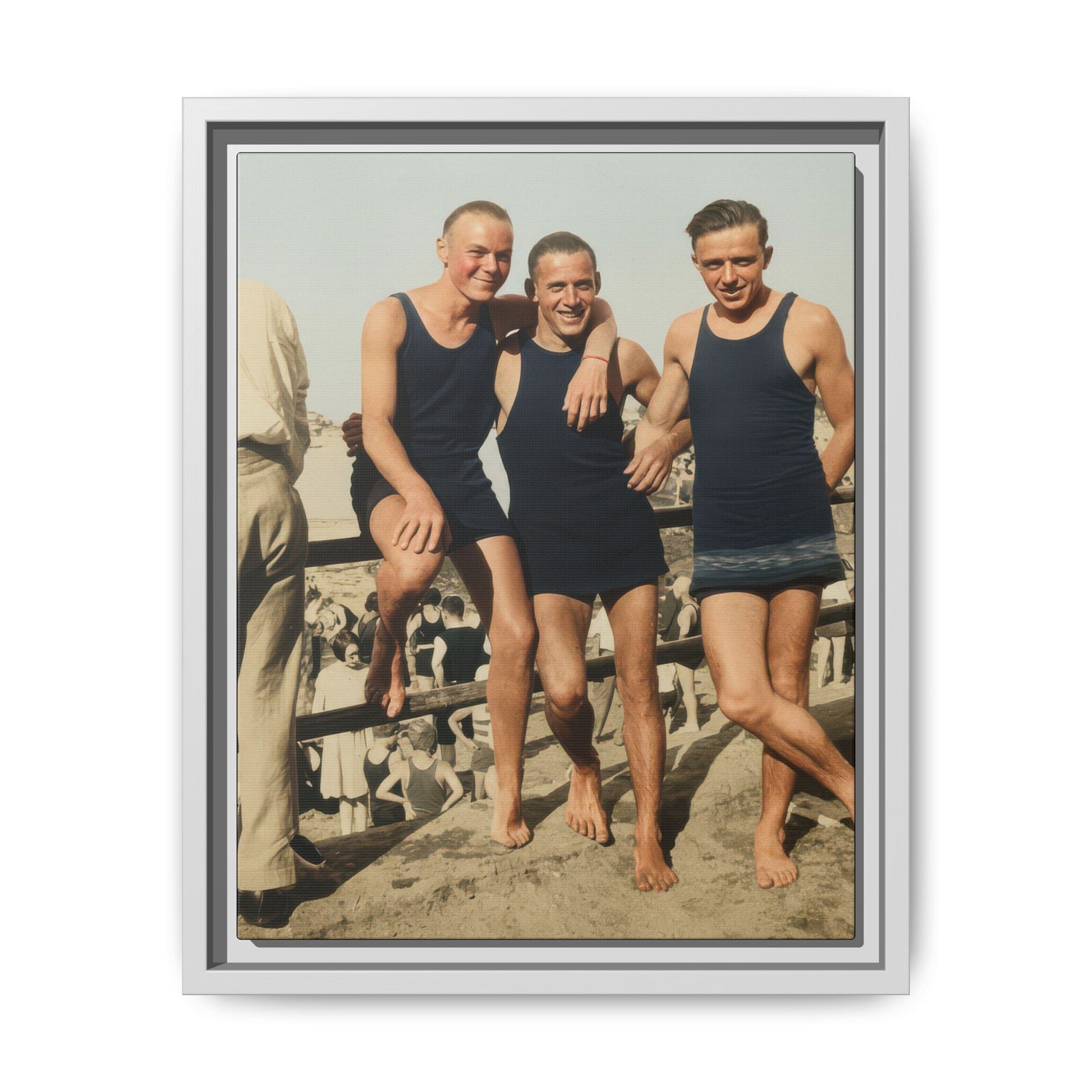 Historical beach snapshot reproduced as archival canvas wall art with three figures and crowd below 