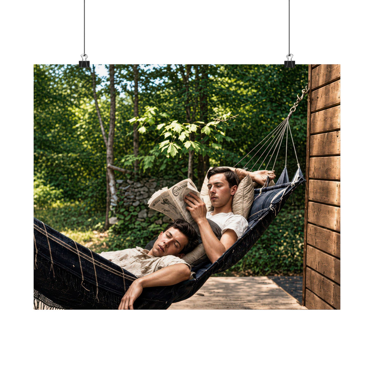 Two men recline together in a dark woven hammock outdoors, one reading a newspaper while the other rests with his eyes closed.