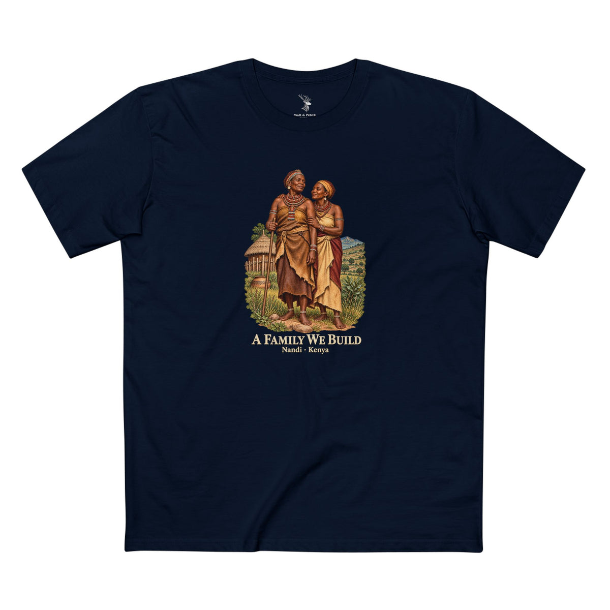 Vintage-style illustration of two women in earth-toned garments and layered beadwork beside a thatched dwelling, titled A Family We Build, Nandi · Kenya.