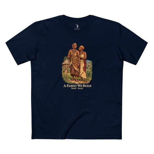 Vintage-style illustration of two women in earth-toned garments and layered beadwork beside a thatched dwelling, titled A Family We Build, Nandi · Kenya.