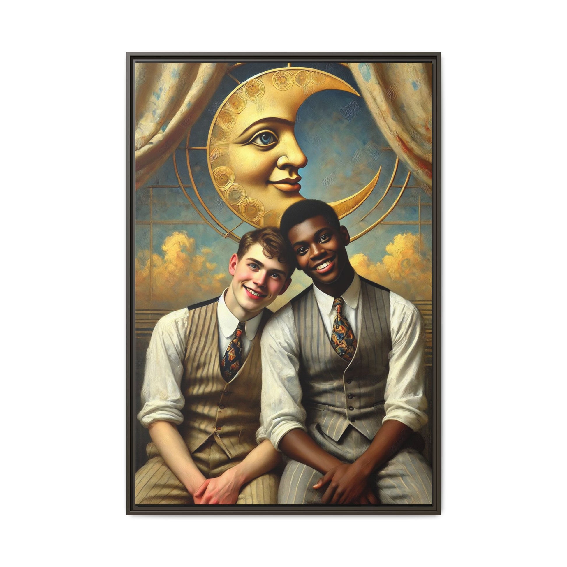 A vintage-style artwork showing a young interracial gay couple in 1920s attire sitting beneath a golden crescent moon with a serene expression. Their joyful closeness reclaims erased queer history and reflects the beauty of interracial love through a lens of tenderness and celebration.