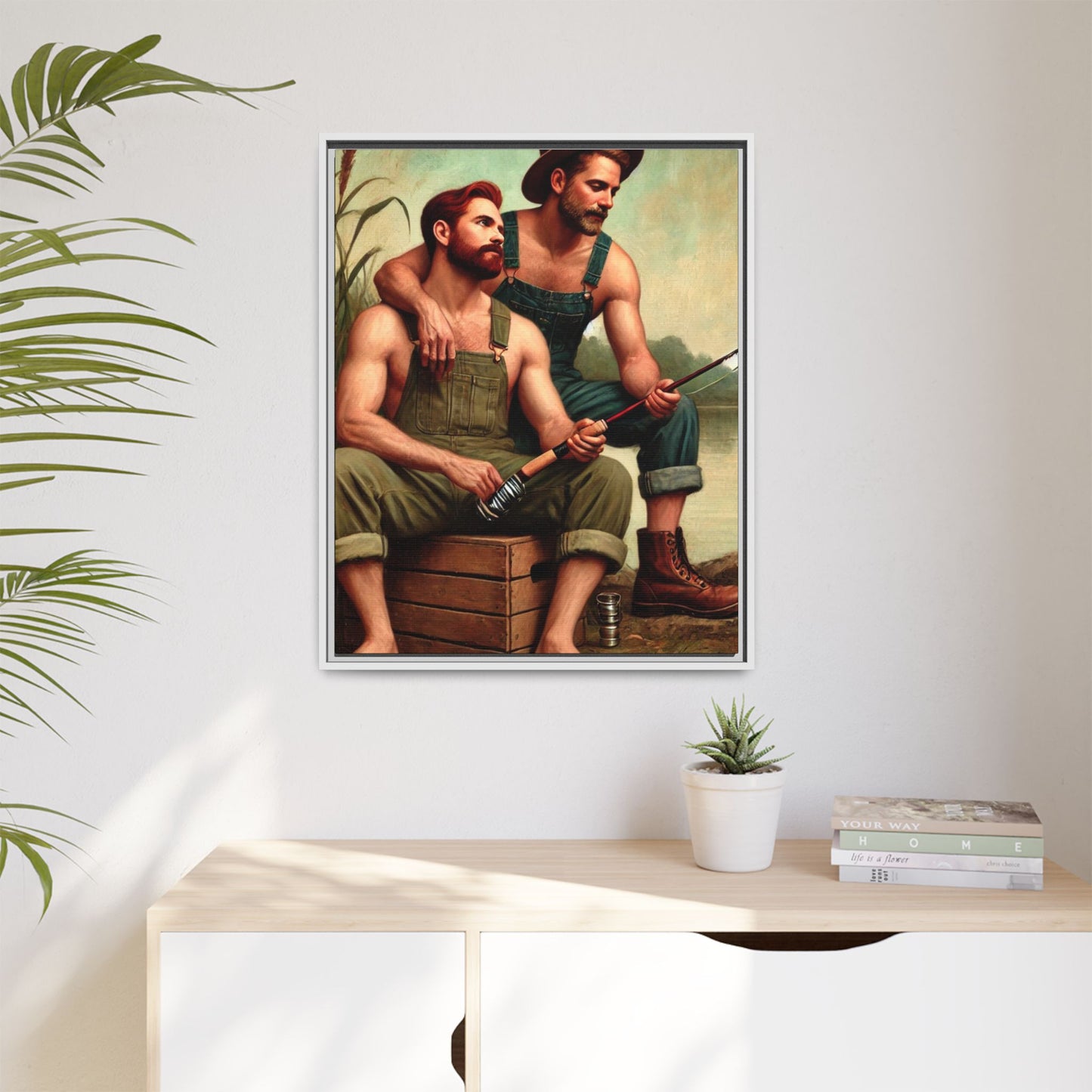 Vintage-style artwork of a gay couple fishing by a tranquil lake in the 1930s, celebrating love and nature.