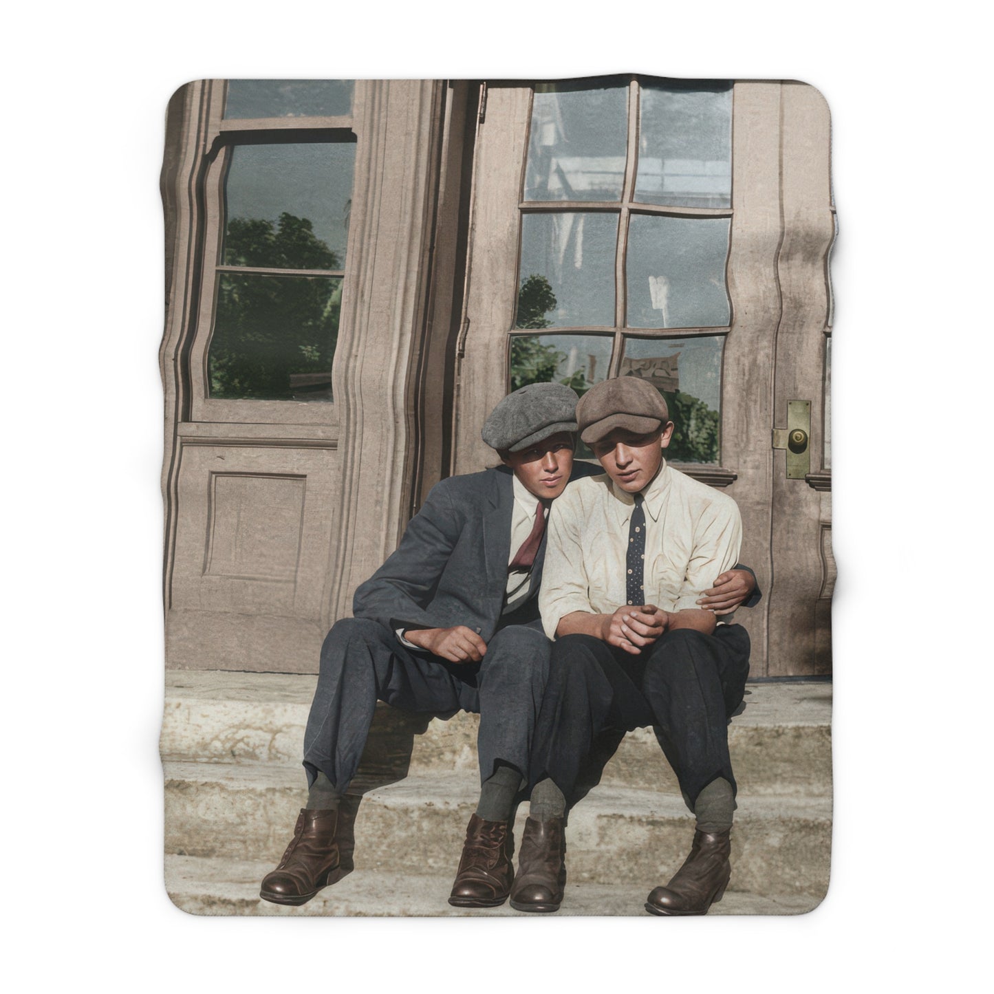 Historical sherpa blanket with flat caps, wooden doorway, and vintage outdoor setting 