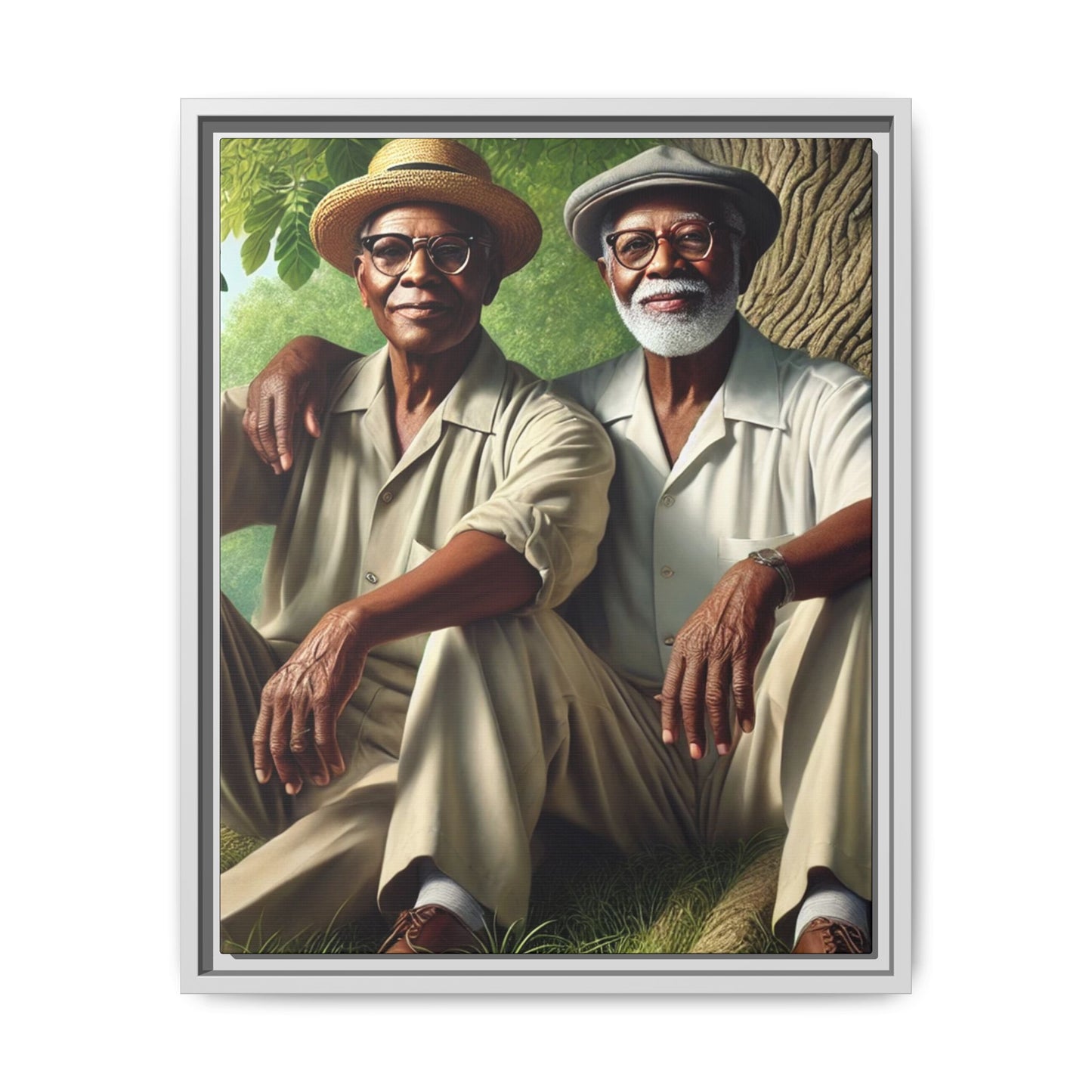 Framed artwork of a gay African-American couple in Cedar Rapids, Iowa, 1930s, celebrating love and resilience.