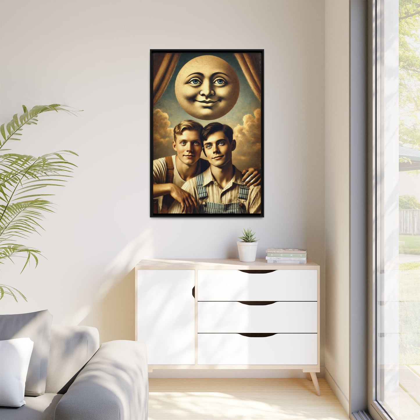 Framed matte canvas portrait featuring two young men in vintage overalls with a crescent moon prop above them. This artwork from the Missing Art Studies series reclaims LGBTQ+ imagery that may have been lost to bias, presenting warmth, intimacy, and presence.