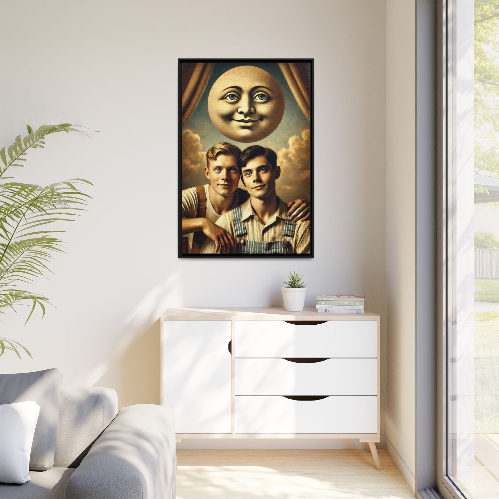 Framed matte canvas portrait featuring two young men in vintage overalls with a crescent moon prop above them. This artwork from the Missing Art Studies series reclaims LGBTQ+ imagery that may have been lost to bias, presenting warmth, intimacy, and presence.