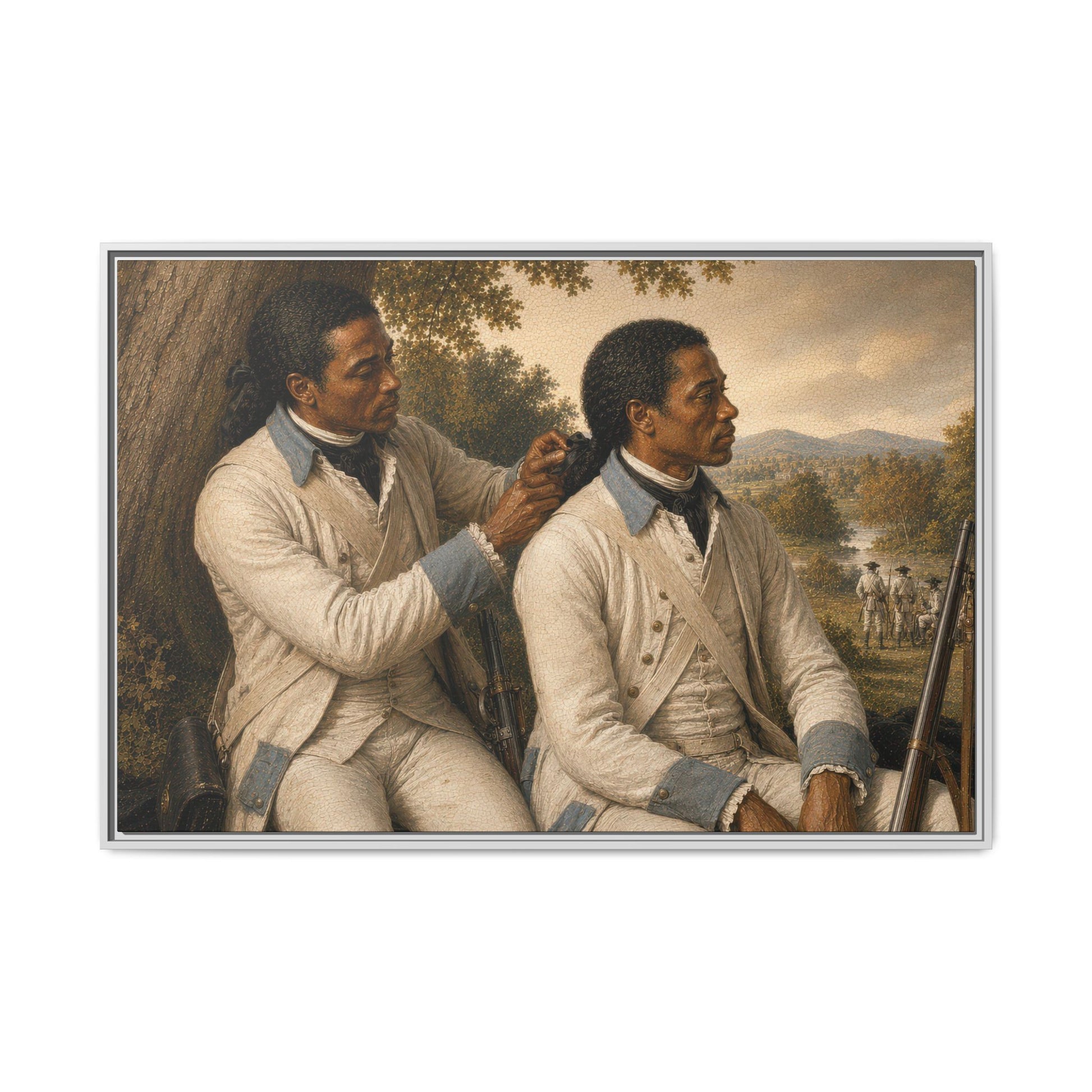 Companions of Liberty No. 008 featuring Black Revolutionary-era French soldiers adjusting a hair queue beside a tree in a pastoral setting.