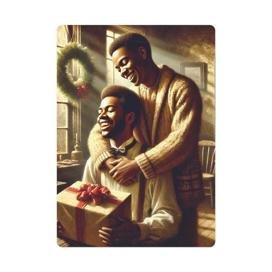 An African-American couple celebrating their first Christmas, sharing a loving moment with festive decorations and warm holiday vibes in a vintage setting.