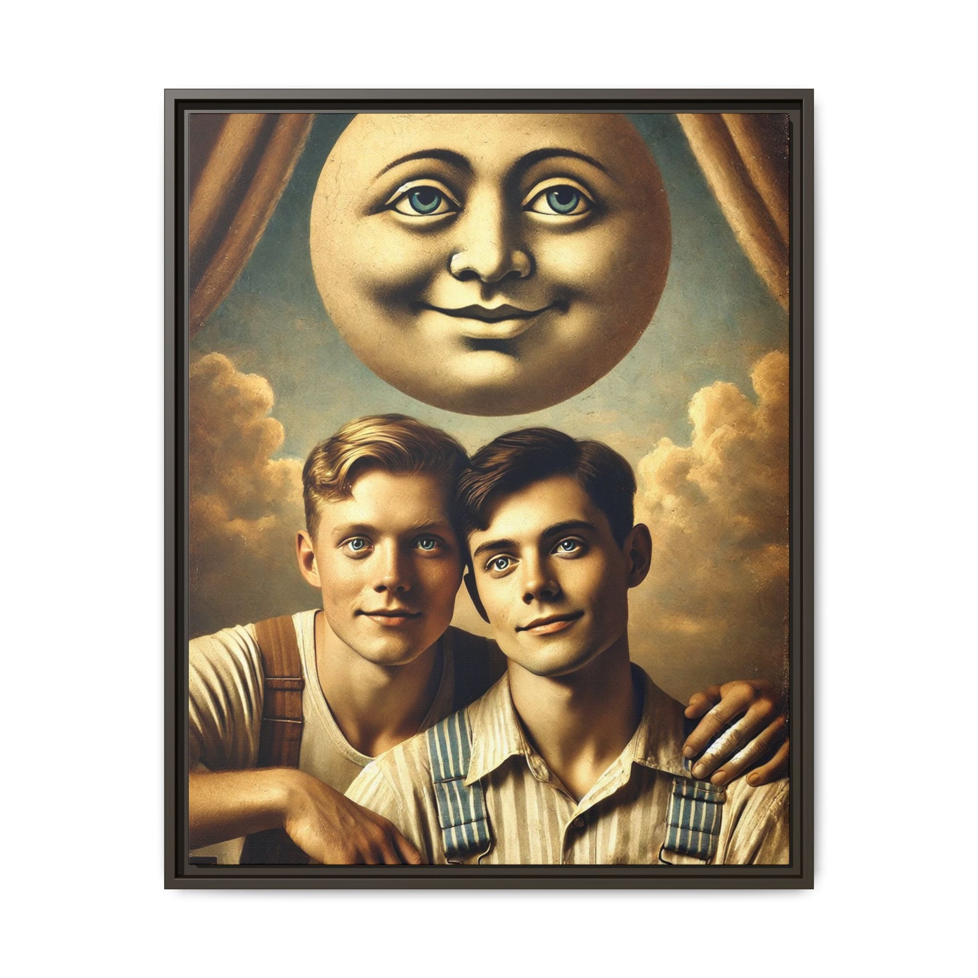 Framed matte canvas portrait featuring two young men in vintage overalls with a crescent moon prop above them. This artwork from the Missing Art Studies series reclaims LGBTQ+ imagery that may have been lost to bias, presenting warmth, intimacy, and presence.