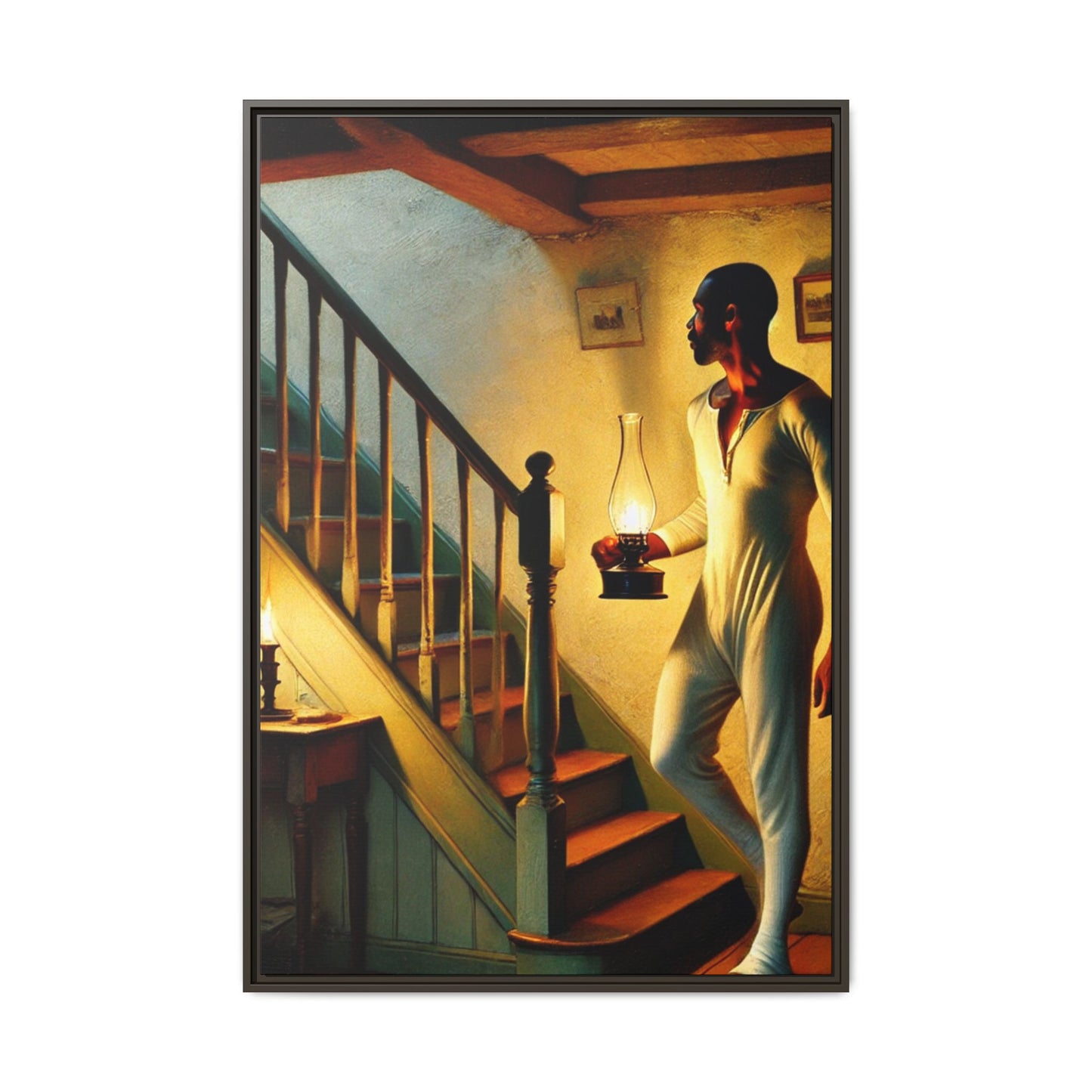 Framed artwork of an African-American man holding a lantern on a staircase, inspired by Grant Wood's style.