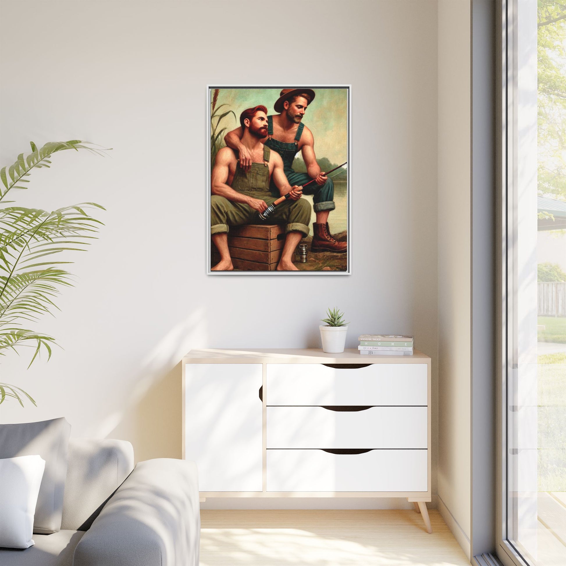 Vintage-style artwork of a gay couple fishing by a tranquil lake in the 1930s, celebrating love and nature.