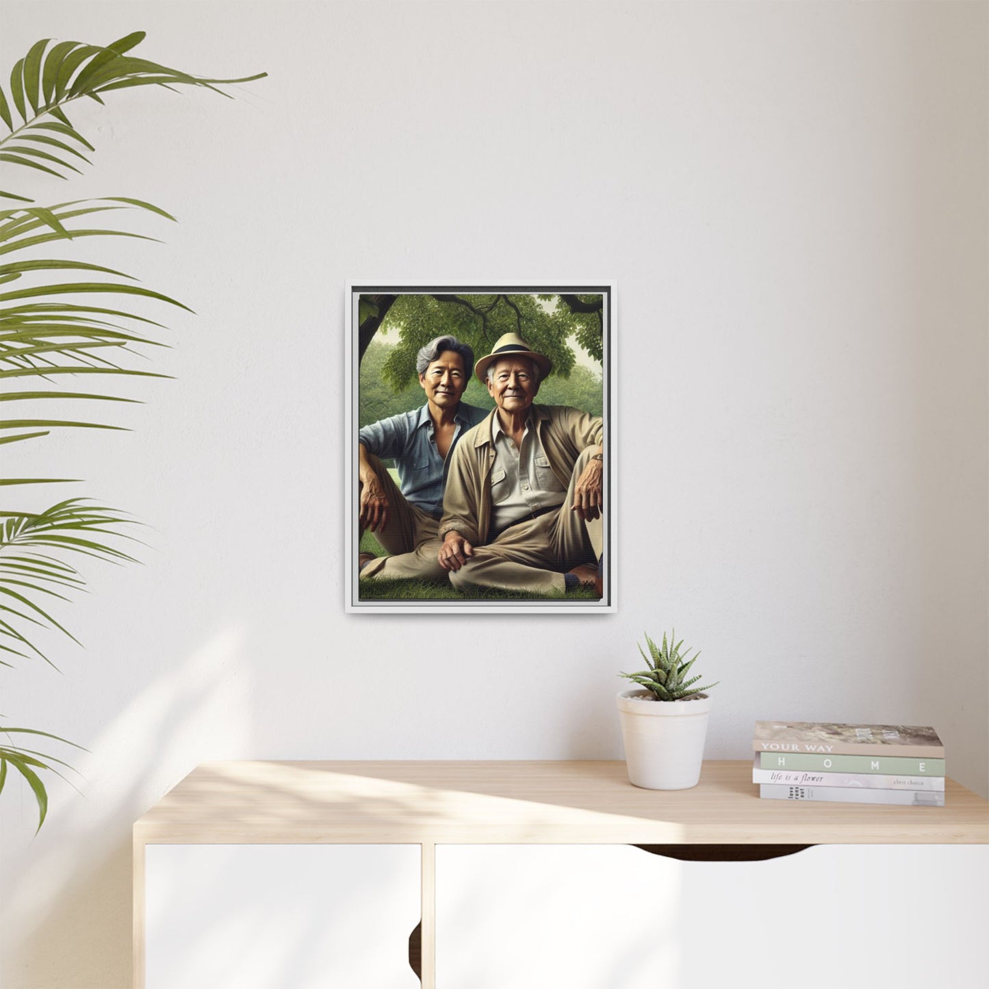 Hyper-realistic painting of an elderly Asian-American gay couple in 1930s attire under a leafy tree, celebrating love and resilience.