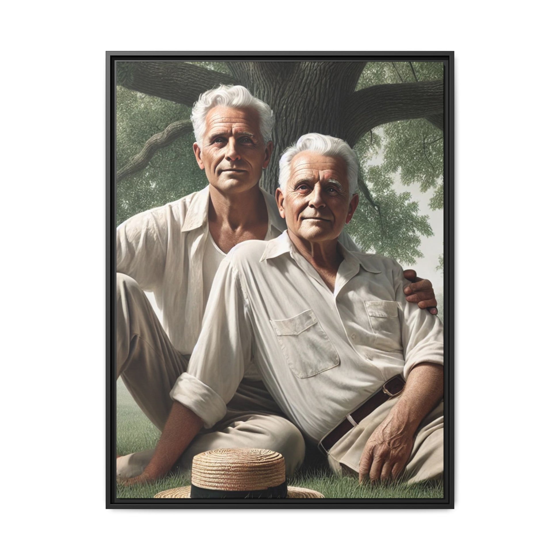 Hyper-realistic painting of an elderly gay couple in 1930s vintage attire under a leafy tree, celebrating love and resilience.