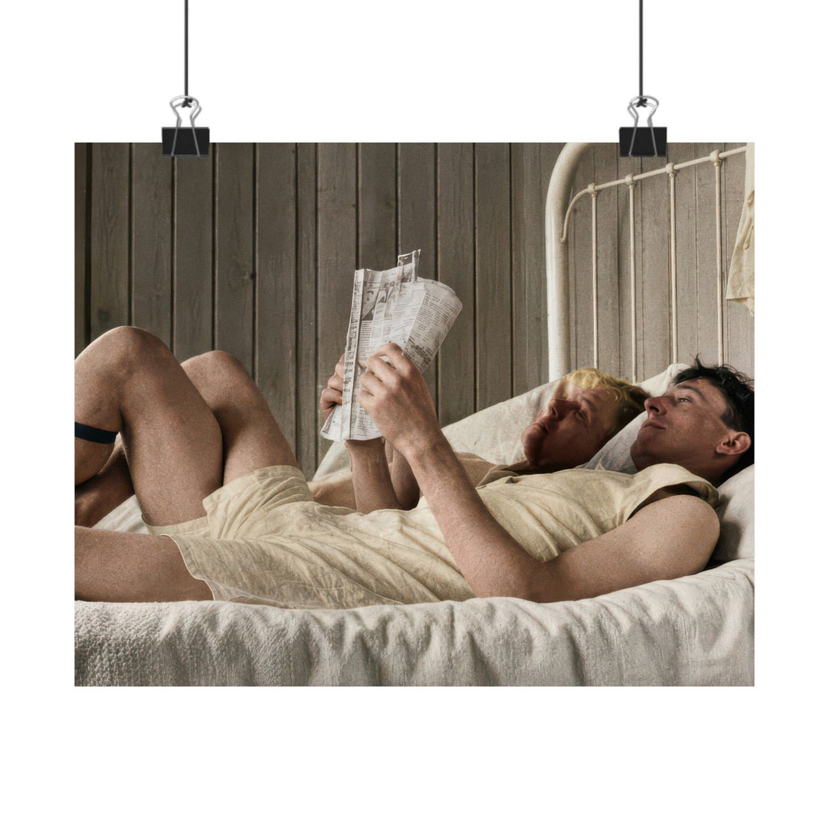 Paire 160 | Two Men Reclining in Bed with Newspaper | Vintage Photography Poster