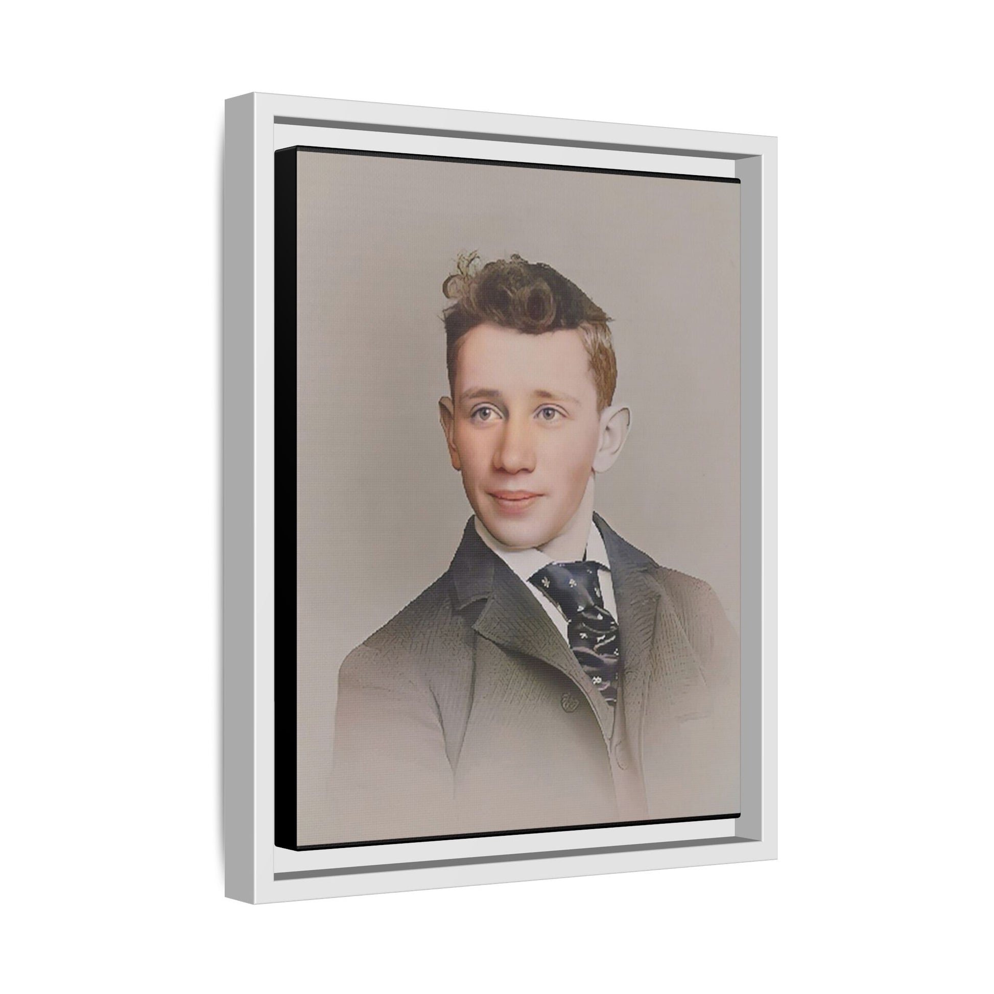 Restored vintage portrait of Leo from early 1900s Milwaukee, Wisconsin, featuring refined elegance and a patterned cravat. Framed matte canvas print celebrating timeless style and individuality.