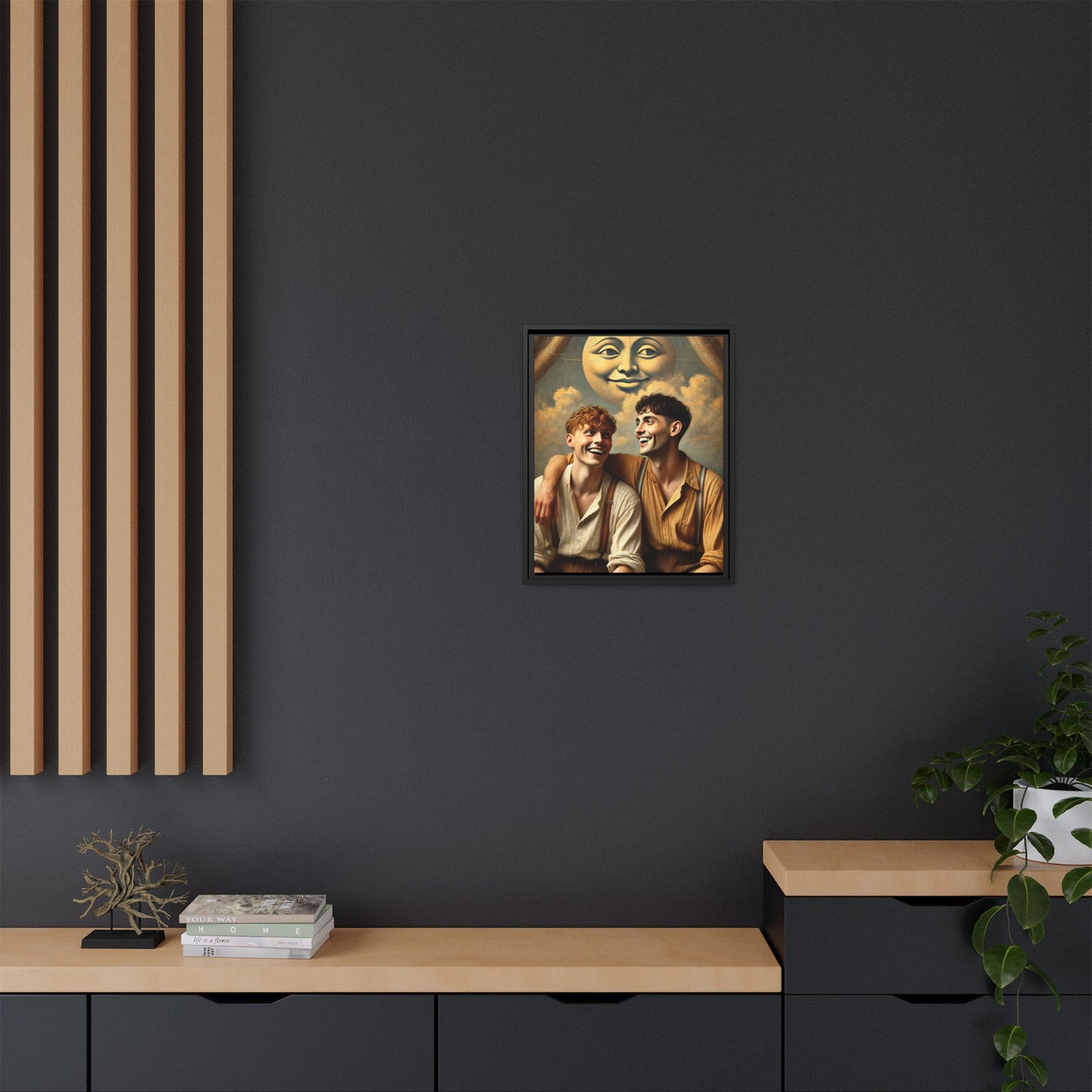 Queer artwork of two joyful young men dressed in vintage clothing with rolled sleeves and suspenders, laughing under a large moon prop in a dreamy studio scene. A celebration of love and resilience reclaimed from forgotten queer histories.