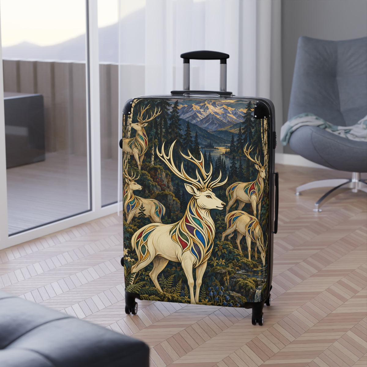 Deer Forest Carry-On Suitcase – Stained Glass Stag Travel Luggage