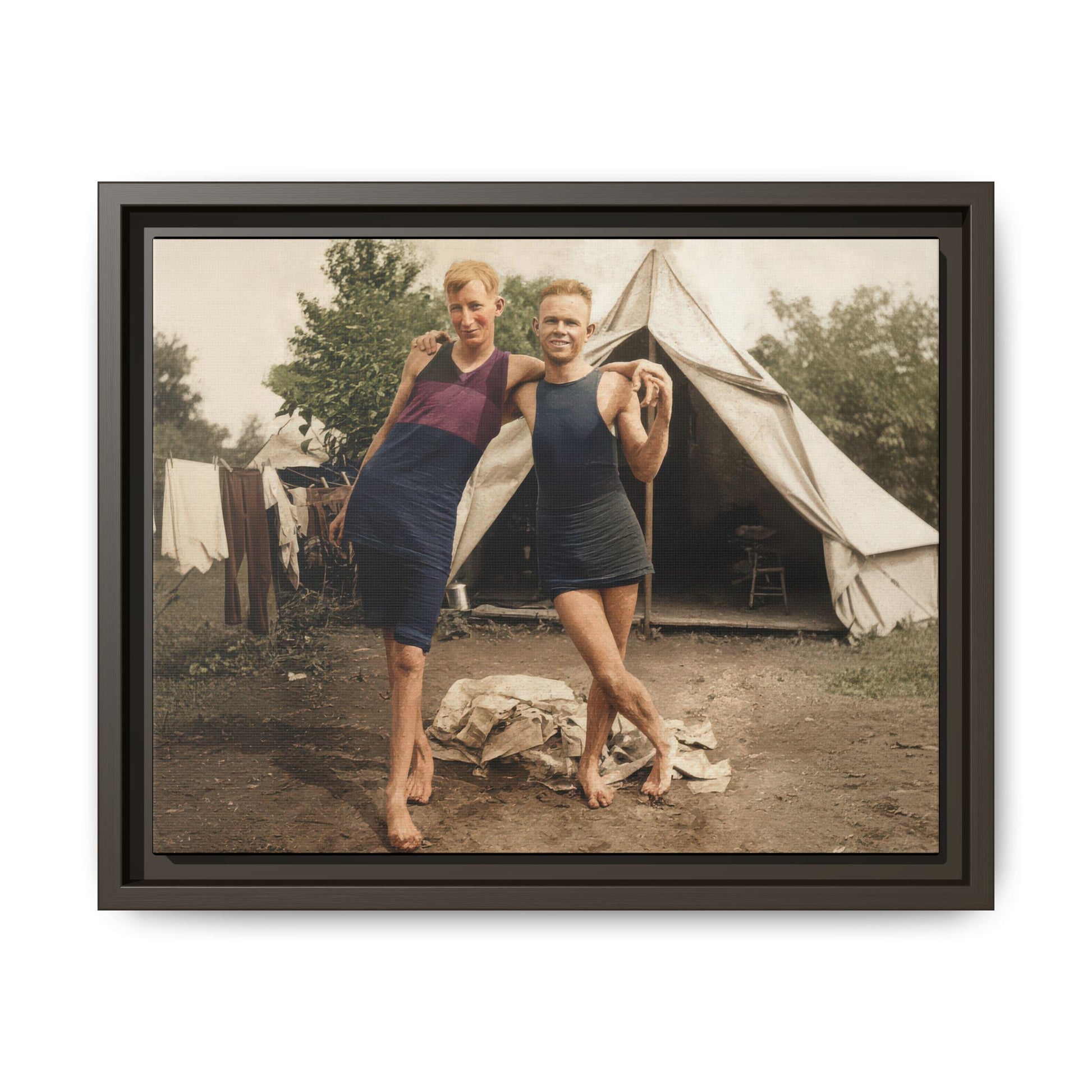 Historical outdoor portrait reproduced as framed matte canvas with bathing suits and tent backdrop 