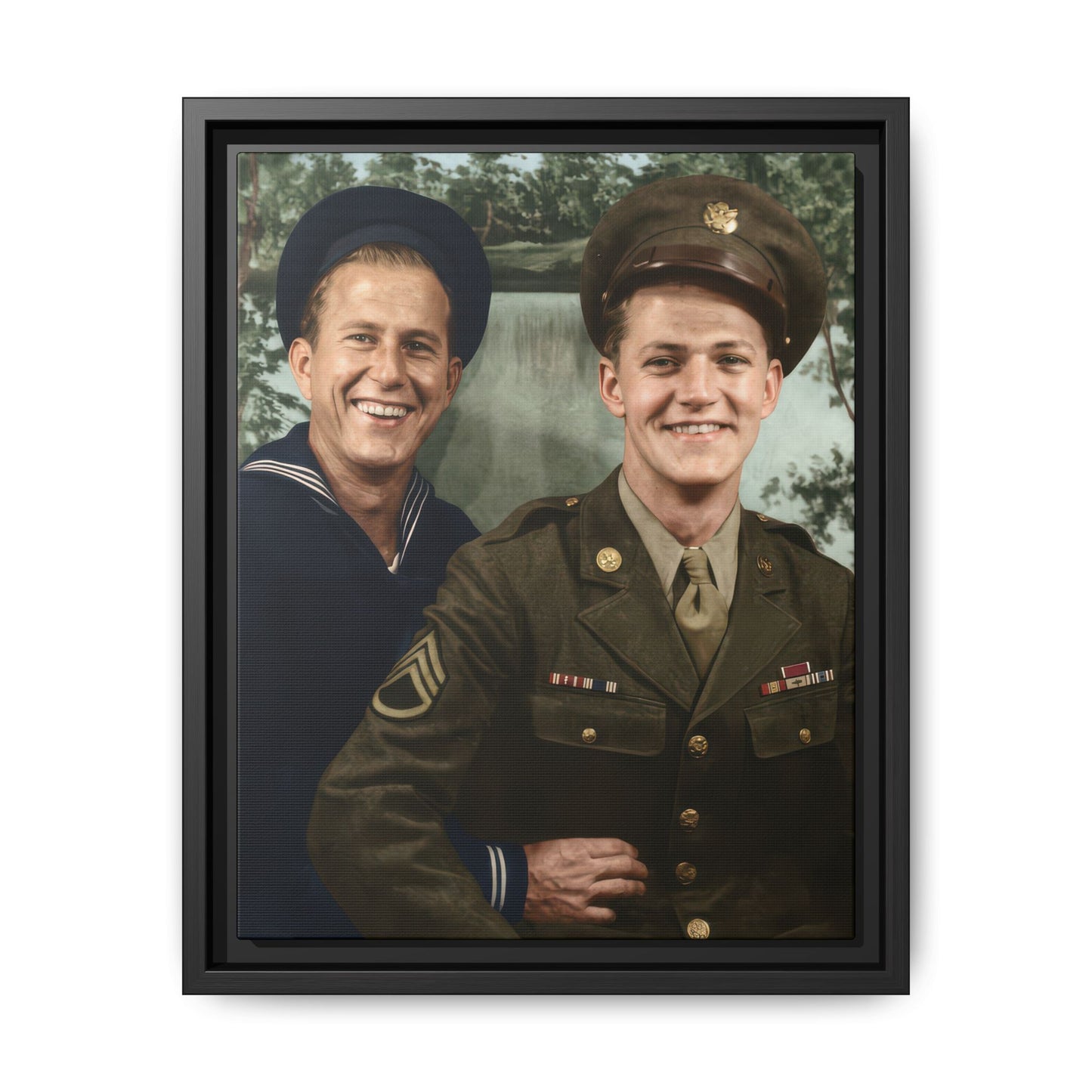 Vintage uniform portrait of two figures with painted backdrop framed canvas wall art