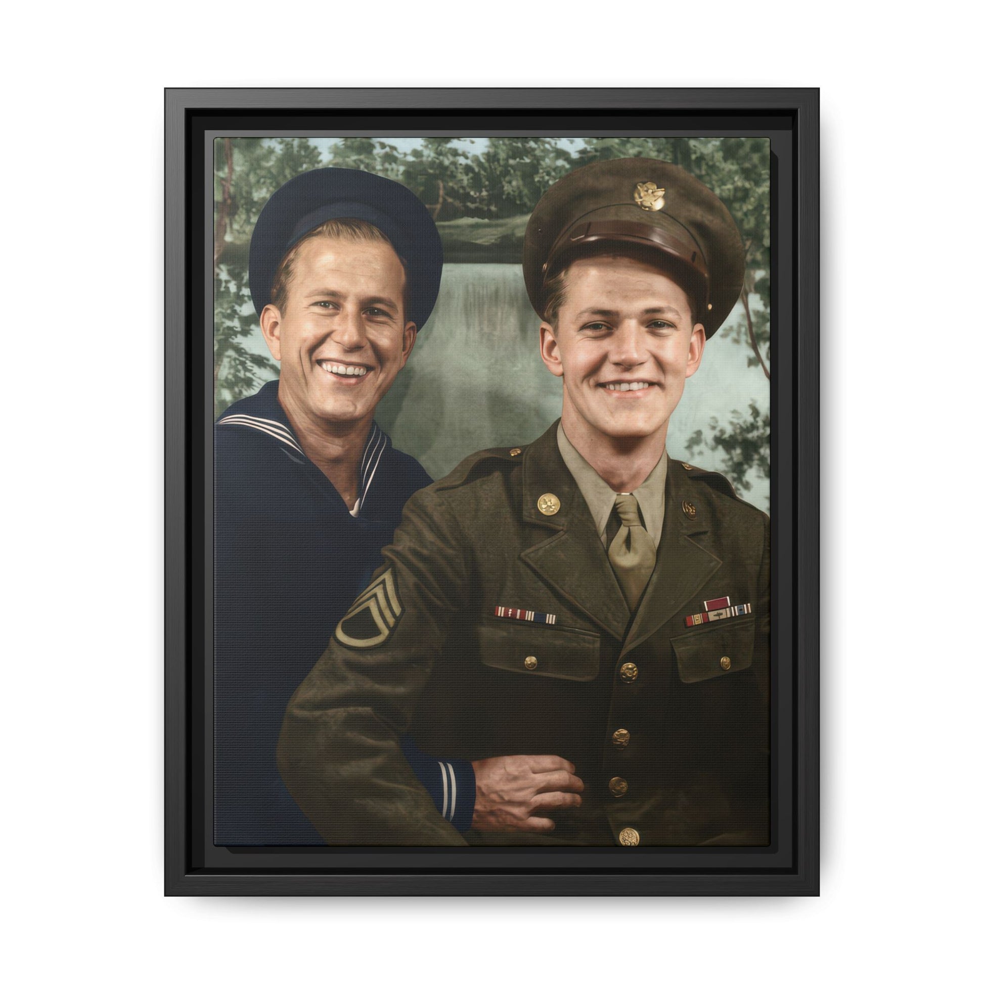 Vintage uniform portrait of two figures with painted backdrop framed canvas wall art