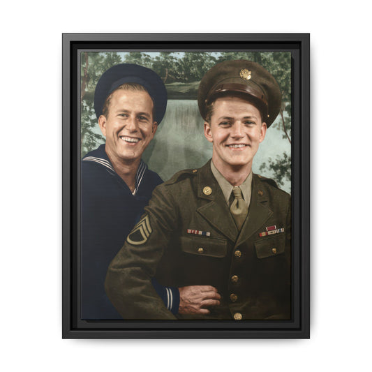 Vintage uniform portrait of two figures with painted backdrop framed canvas wall art