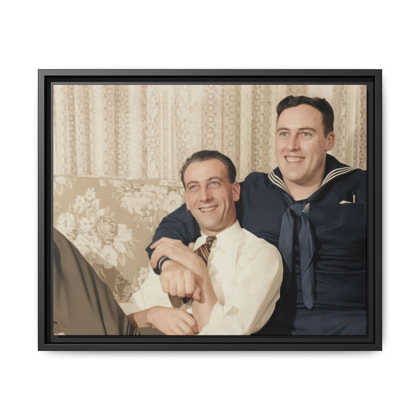 Mid-century companion photograph with patterned curtains and relaxed pose wall decor
