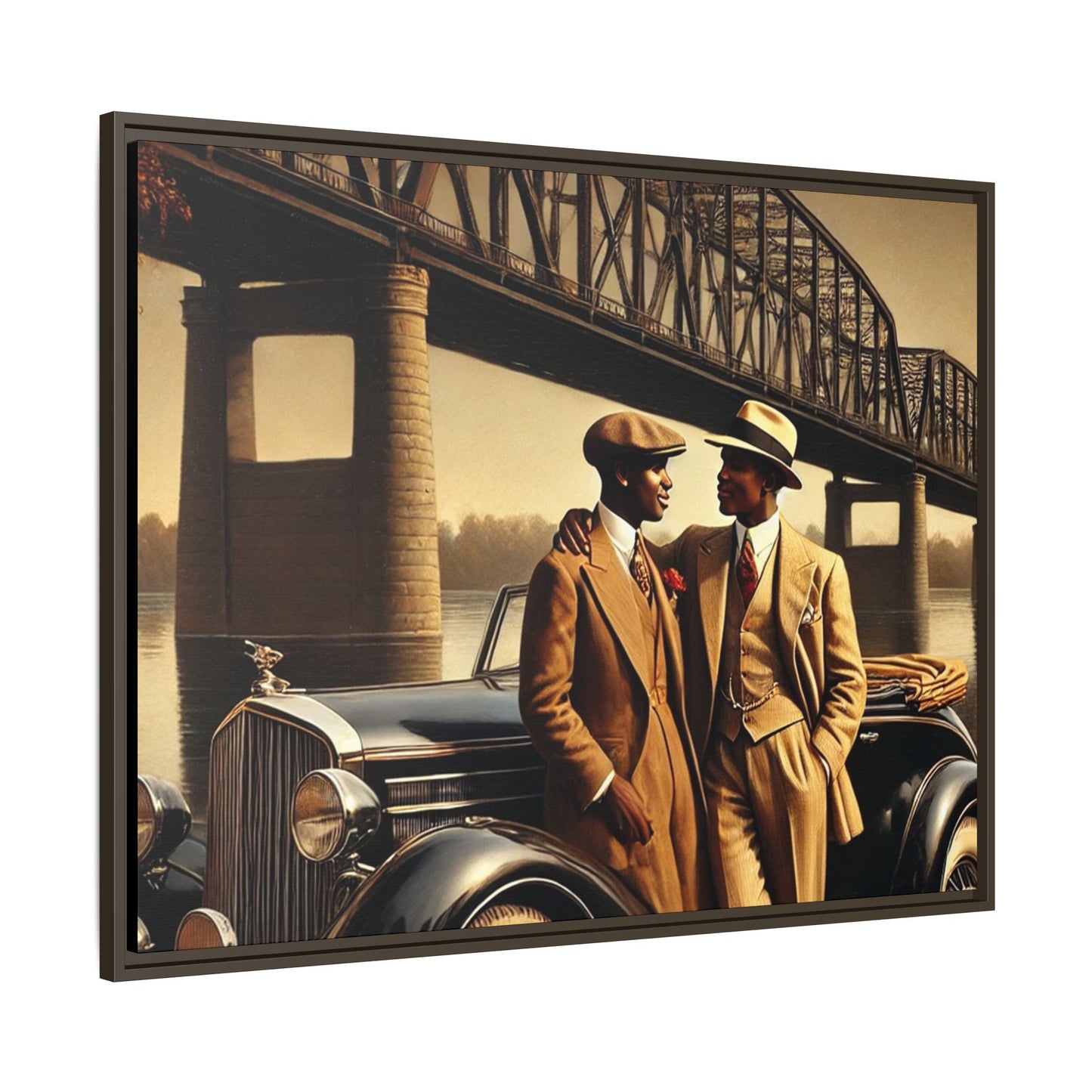 Vintage-style artwork of an African-American gay couple in the 1930s with a Packard car by the Mississippi River, celebrating love and inclusivity.