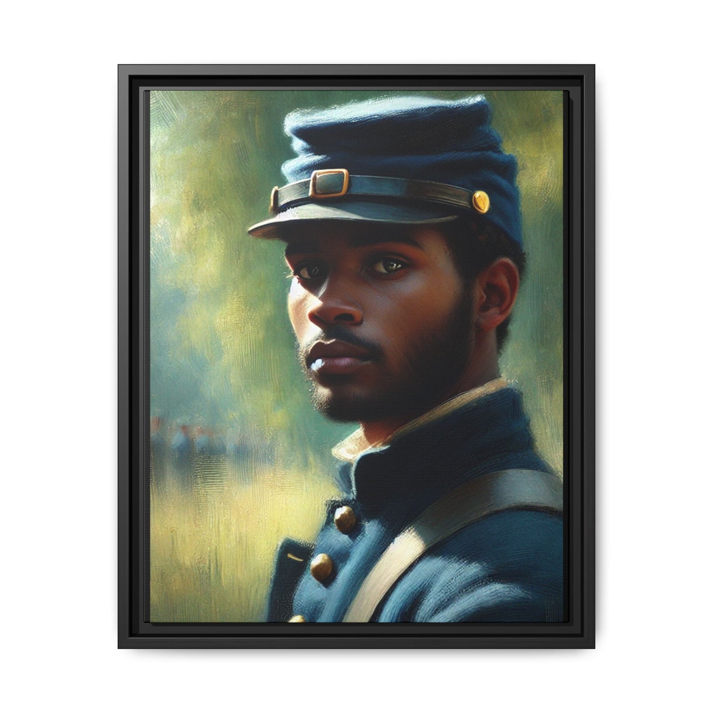 Portrait of an African American Civil War Union soldier in a kepi and navy wool coat, inspired by Walt Whitman’s Drum-Taps, honoring bravery, sacrifice, and resilience.