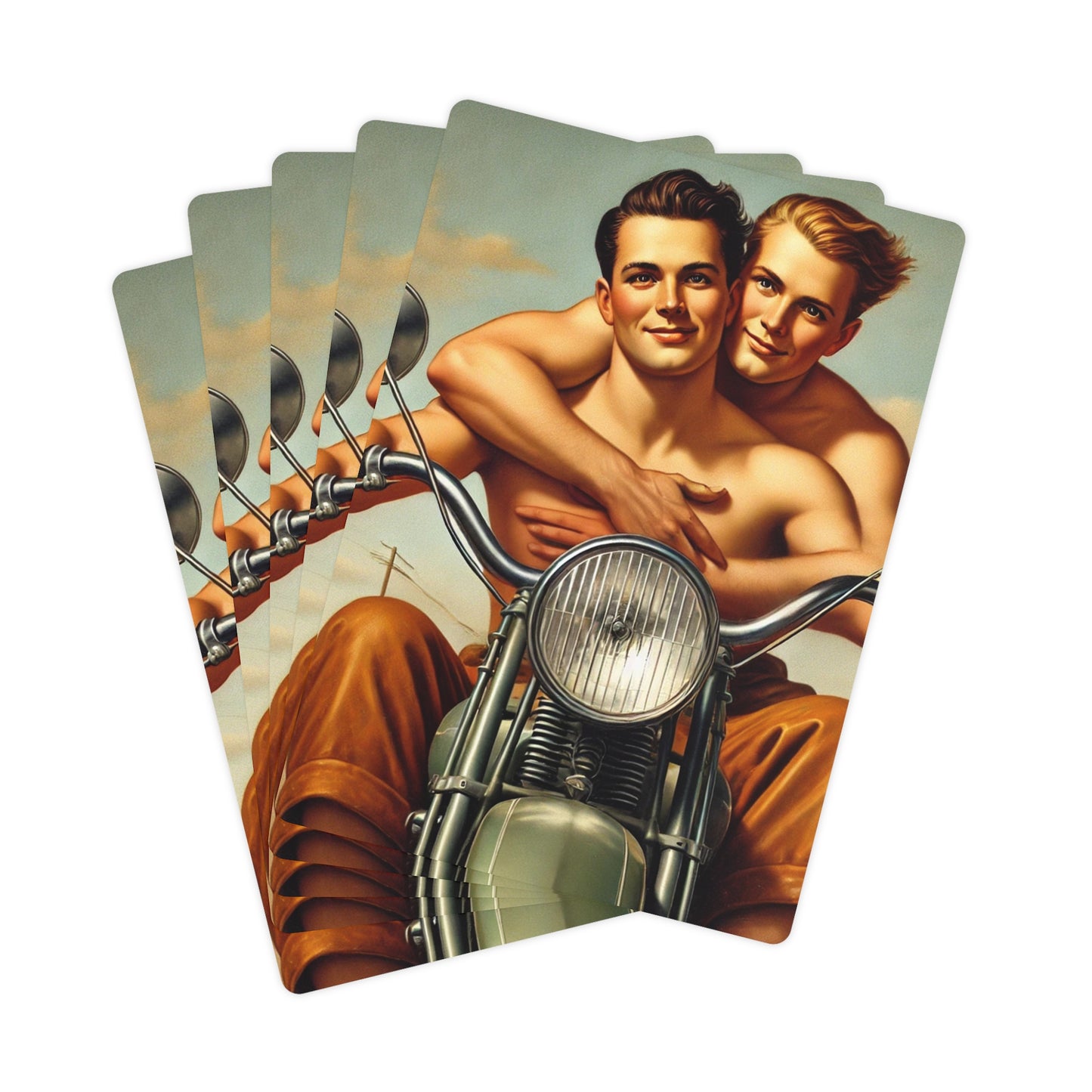 Two boyfriends sharing an intimate moment on a vintage motorcycle under a summer sky, celebrating love, freedom, and Americana style.