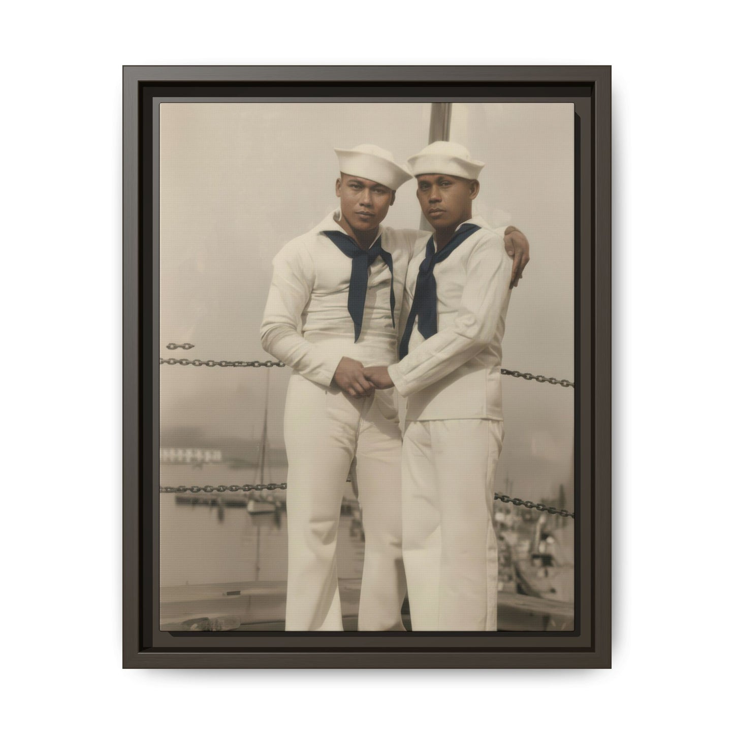 Historical sailor portrait showing two uniformed figures with joined hands and arm around shoulder on deck