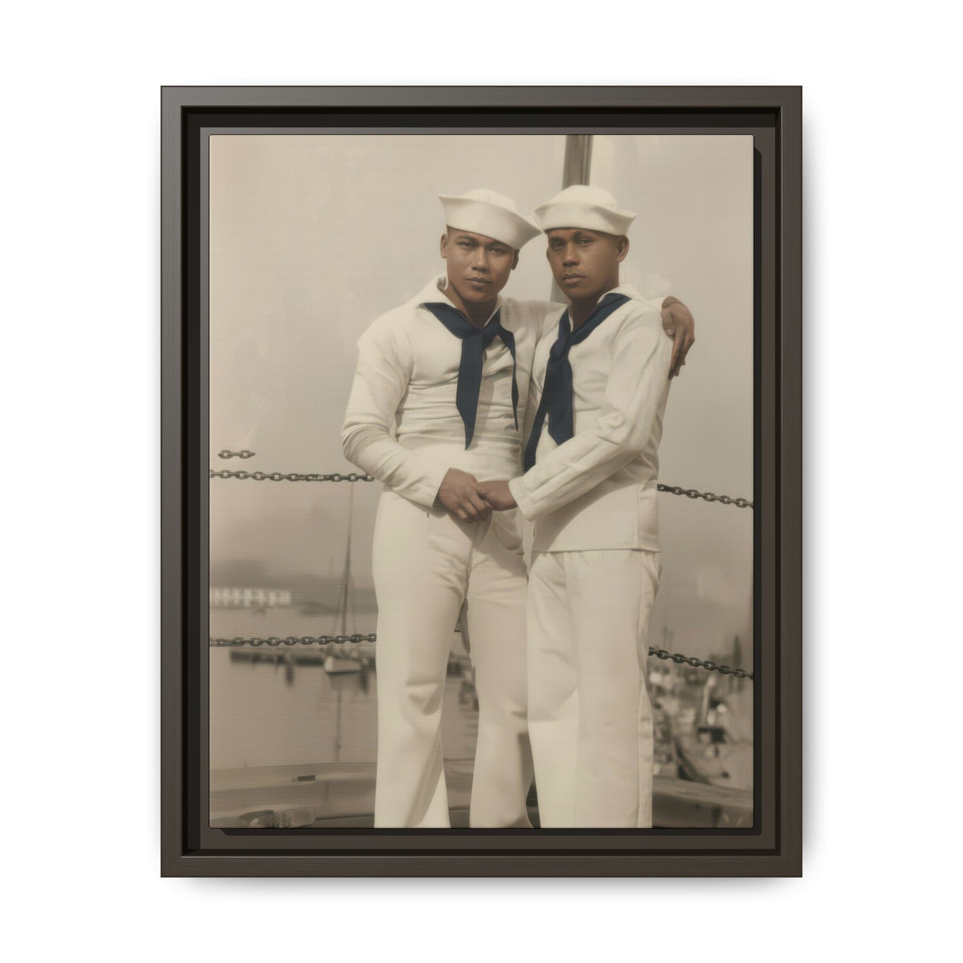 Historical sailor portrait showing two uniformed figures with joined hands and arm around shoulder on deck