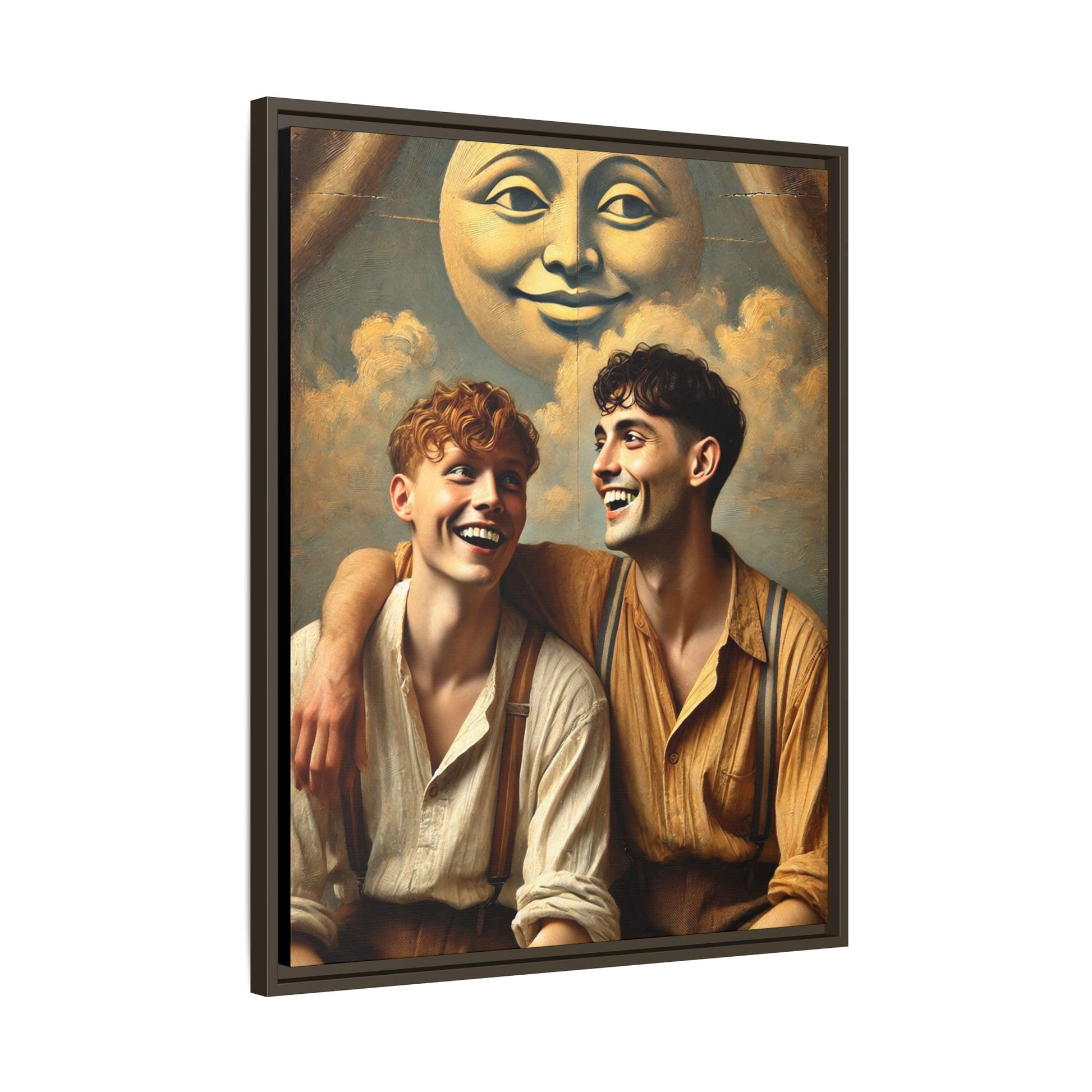 Queer artwork of two joyful young men dressed in vintage clothing with rolled sleeves and suspenders, laughing under a large moon prop in a dreamy studio scene. A celebration of love and resilience reclaimed from forgotten queer histories.