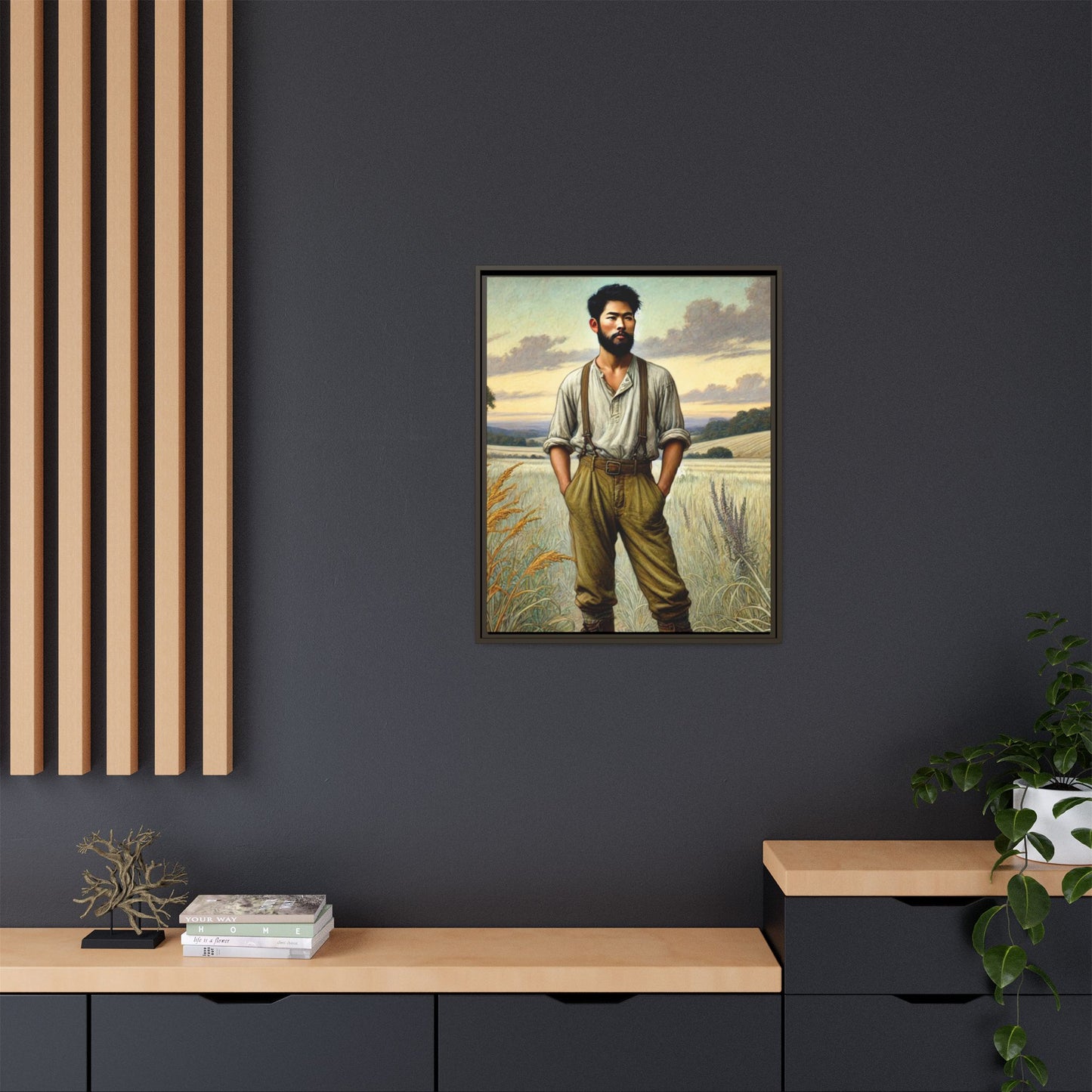 Framed artwork of an Asian-American farmer in 19th-century attire, inspired by Walt Whitman’s Leaves of Grass and Song of Myself, set against a serene rural backdrop of golden wheat fields and rolling hills.