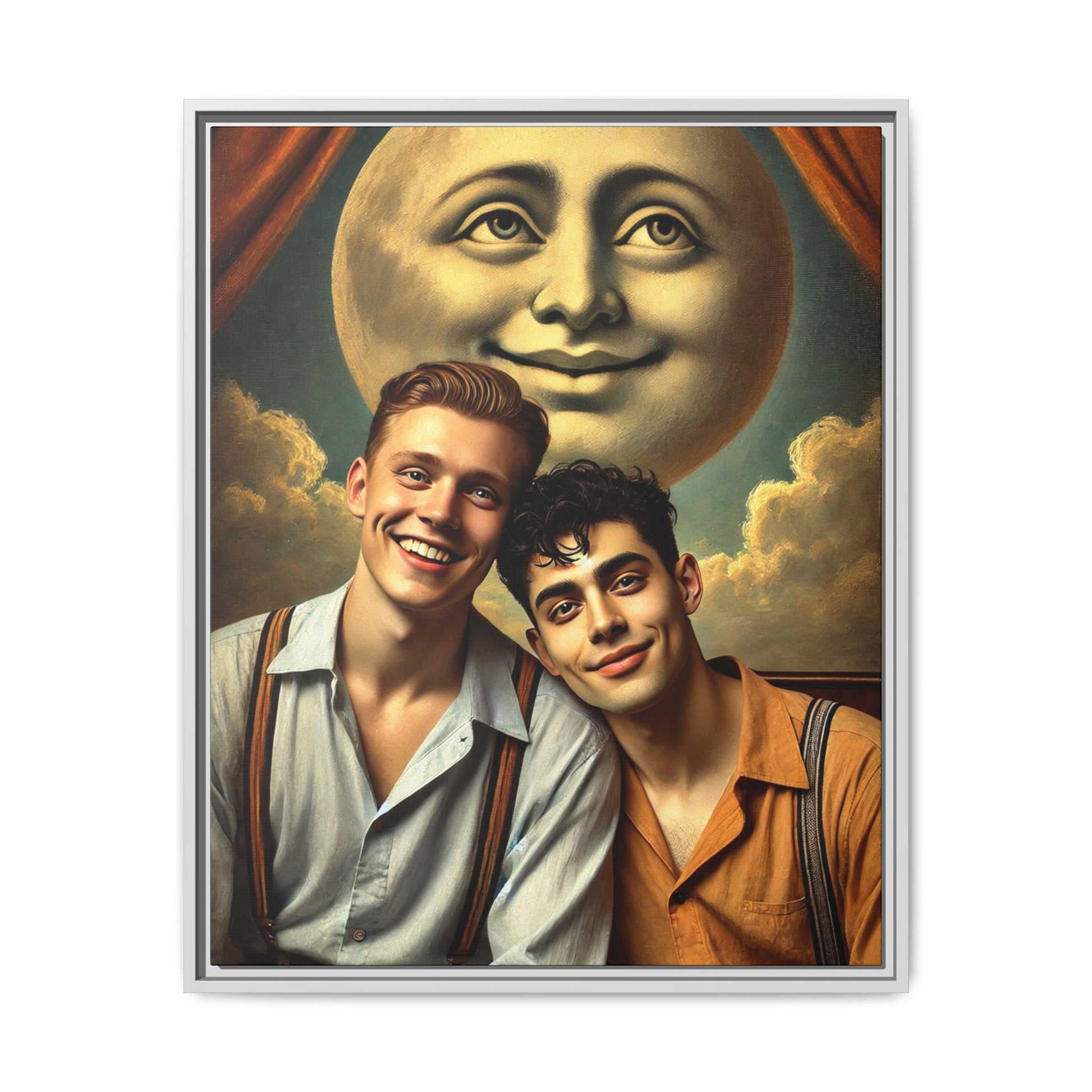 Framed artwork featuring a joyful queer couple in 1930s attire, seated close together beneath a smiling full moon in a theatrical studio setting. A celebration of reclaimed LGBTQ+ narratives in nostalgic portraiture.