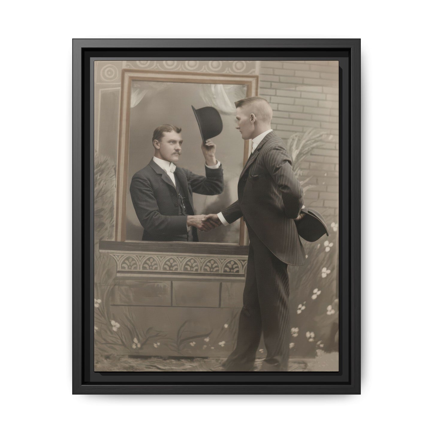 Early 20th century portrait of two suited men shaking hands in a decorative studio setting