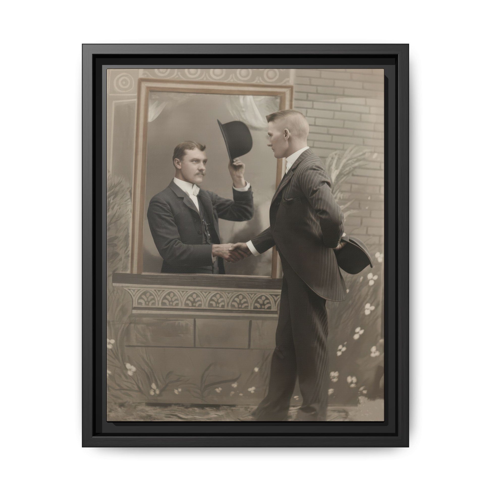 Early 20th century portrait of two suited men shaking hands in a decorative studio setting