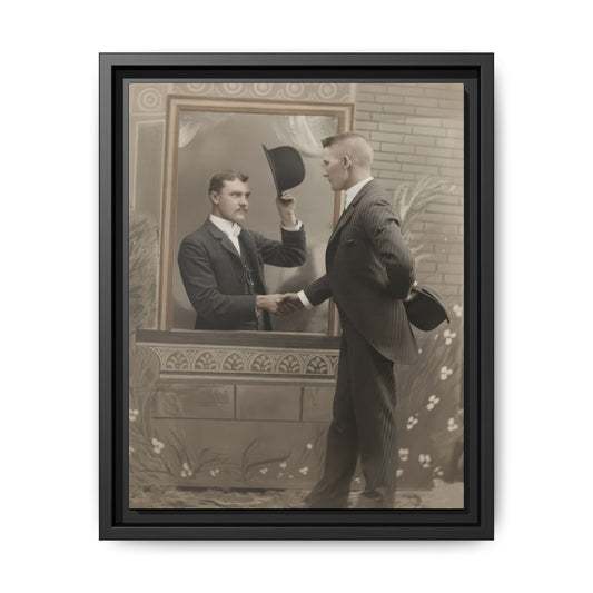 Early 20th century portrait of two suited men shaking hands in a decorative studio setting
