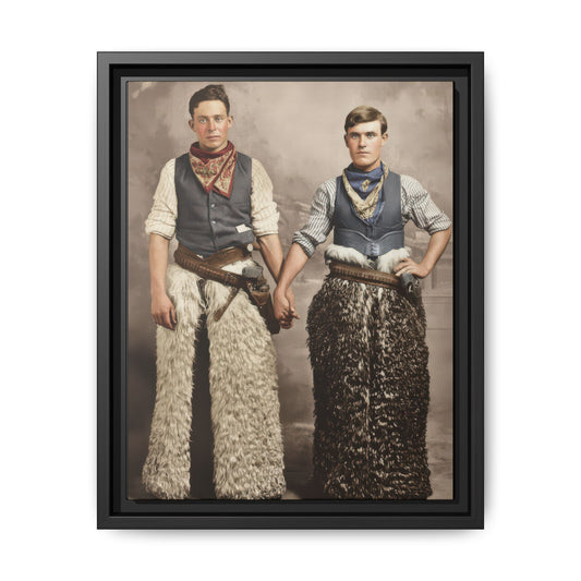 Vintage Western costume portrait of two companions holding hands in shaggy chaps