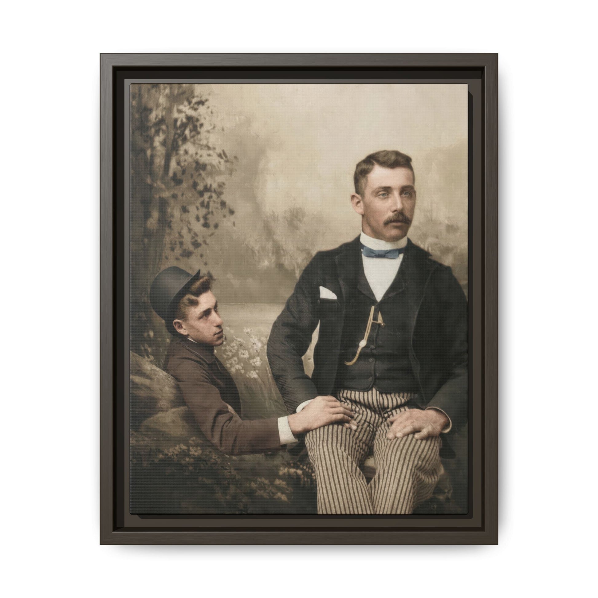 Historical companion portrait showing a seated man in formal dress and a reclining man in dark clothing in a studio setting
