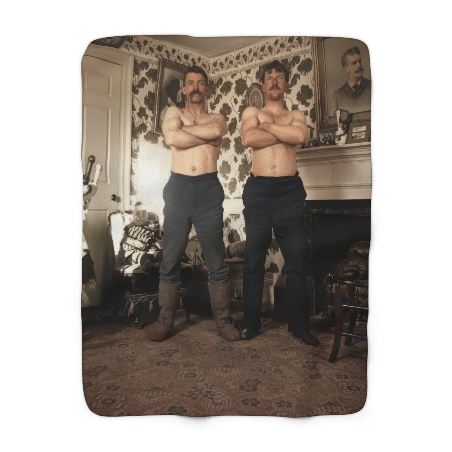 Vintage strongman sherpa blanket featuring two historical athletes in restored portrait 