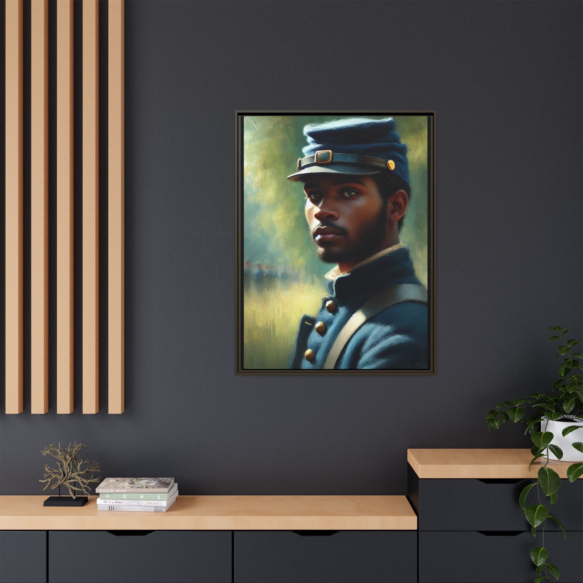 Portrait of an African American Civil War Union soldier in a kepi and navy wool coat, inspired by Walt Whitman’s Drum-Taps, honoring bravery, sacrifice, and resilience.