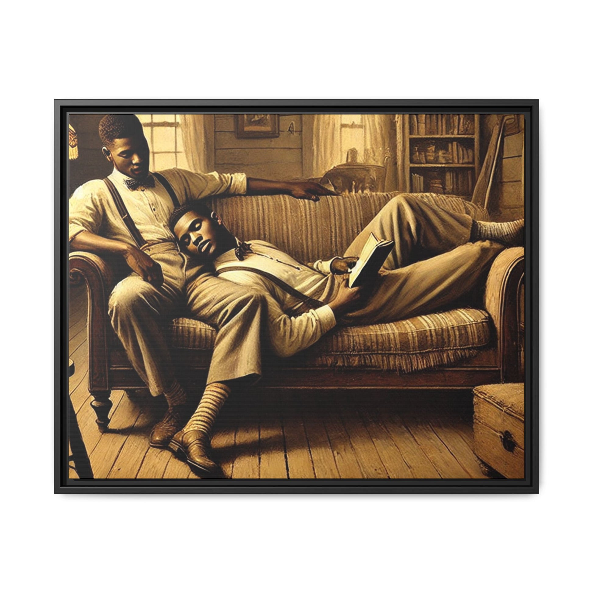 Framed artwork of an African-American gay couple sharing an intimate moment on a rustic sofa, inspired by Grant Wood’s style