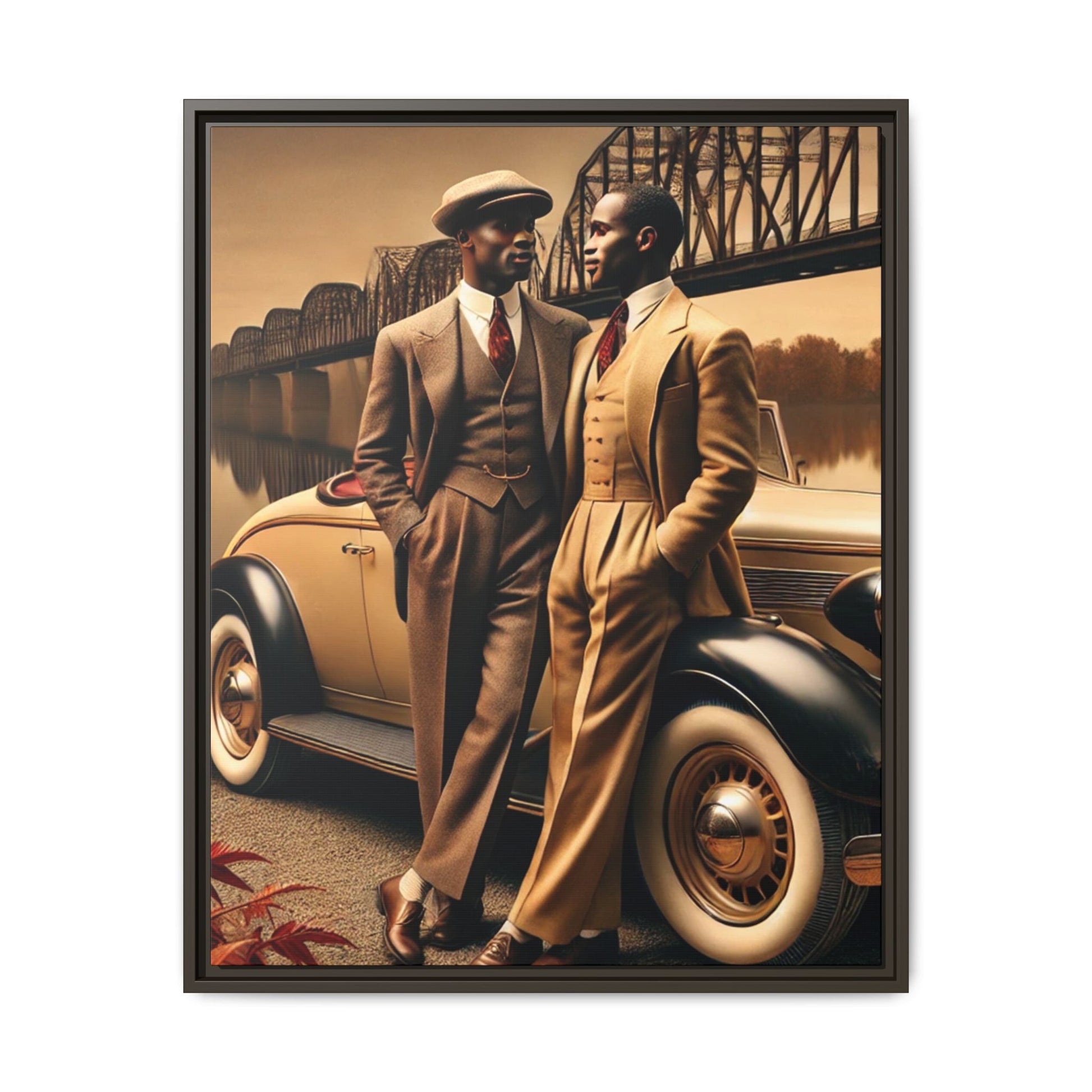 Vintage-style artwork of an African-American gay couple in the 1930s by the Mississippi River with a Packard car, celebrating love and resilience.