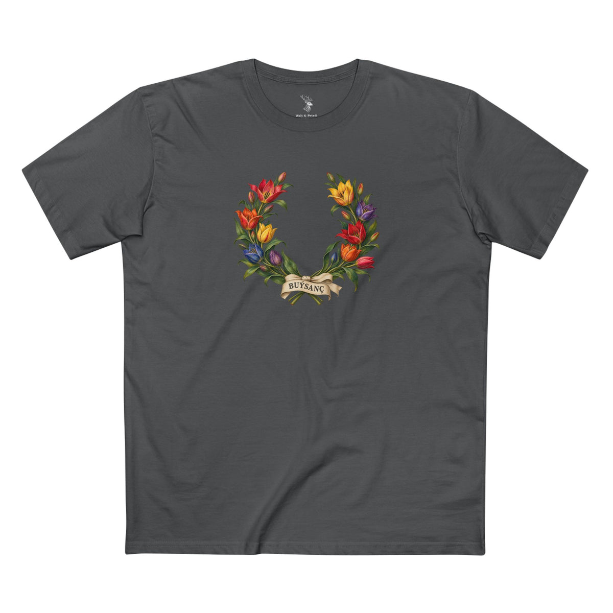 Turkmen Wild Tulip Buýsanç Pride Laurel Wreath T-Shirt — Unfolding Strength